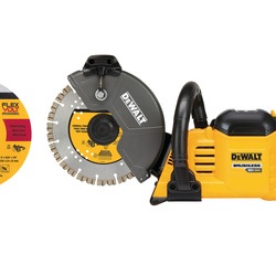 Brushless cordless cut-off saw featuring replacement blade.