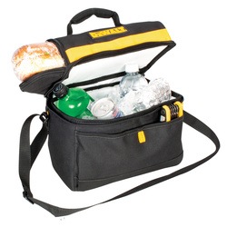 profile of Cooler Tool Bag opened with food inside.