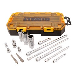 Profile of DEWALT 15 piece drive tool accessory set with its case.