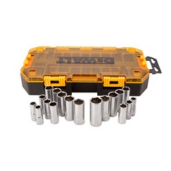 Profile of DEWALT 20 piece 3 eighths inch drive deep combination socket set with its case.