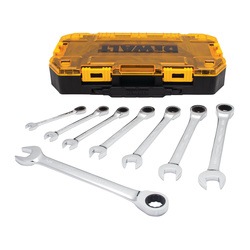 Profile of DEWALT 8 piece full polish ratcheting combination wrench set with its case.