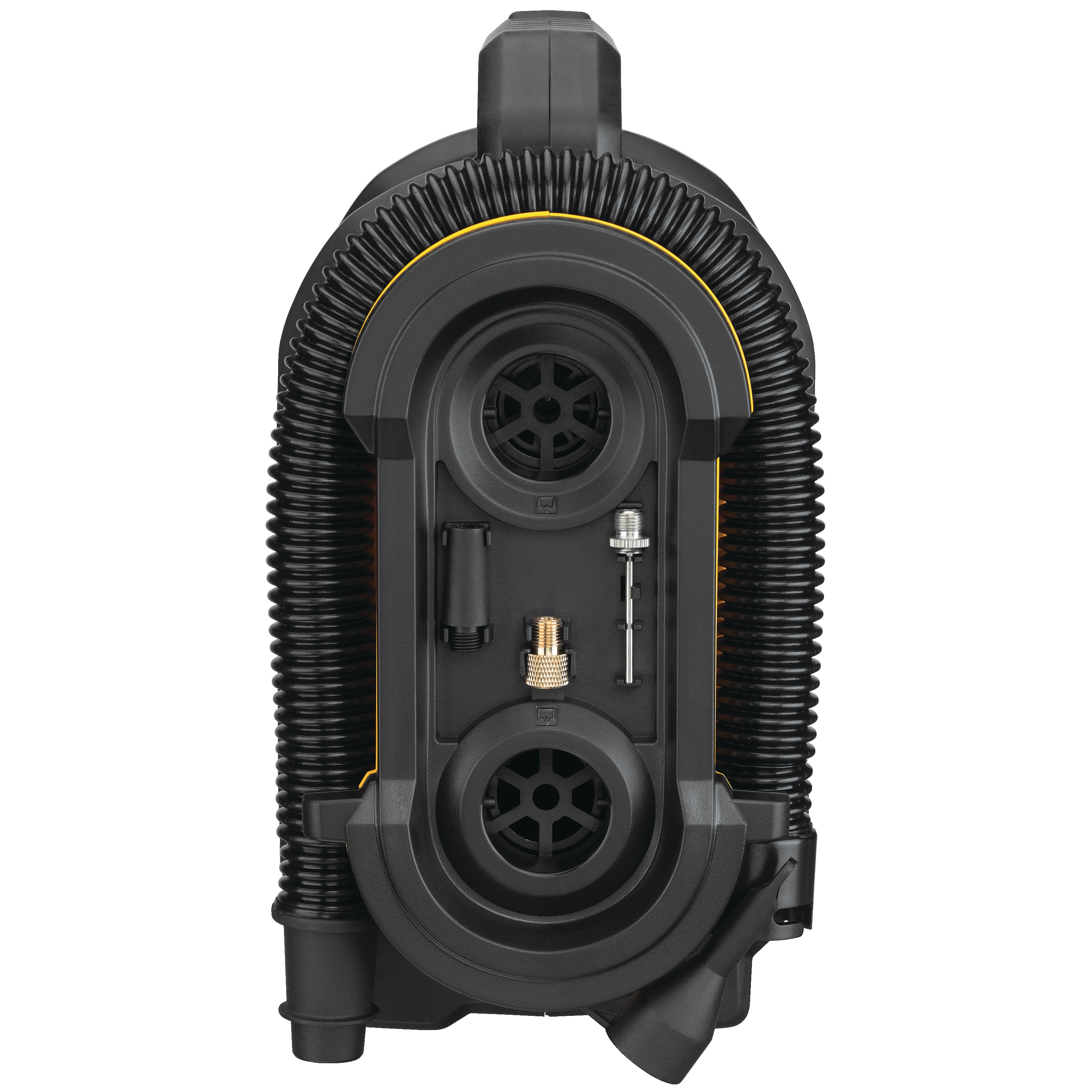 Profile of  Corded/Cordless Air Inflator with onboard accessories and high-volume inflator hose