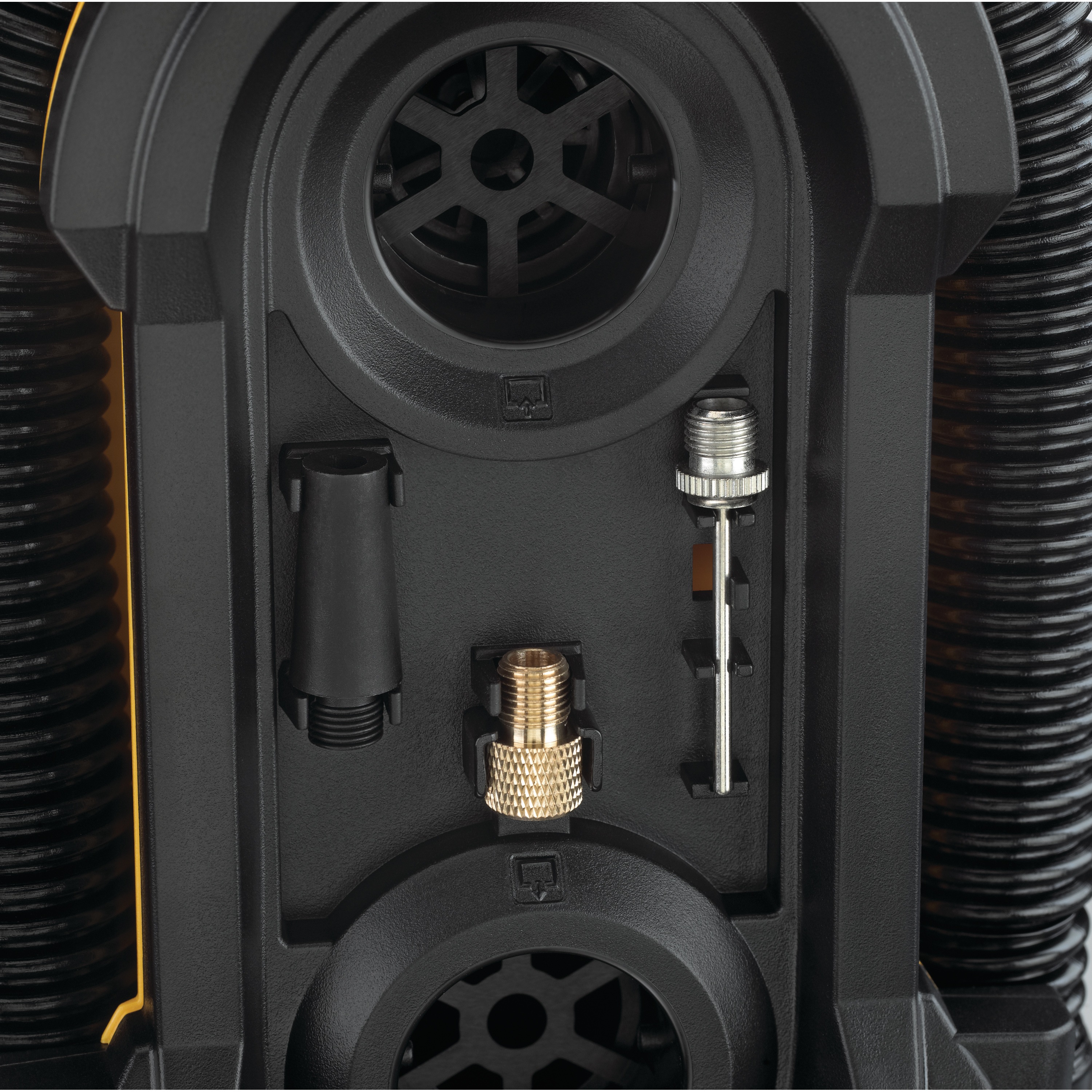 Close up featuring High-Pressure Tapered Nozzle, Presta Valve Adapter and Inflator Needle of  Corded/Cordless Air Inflator 