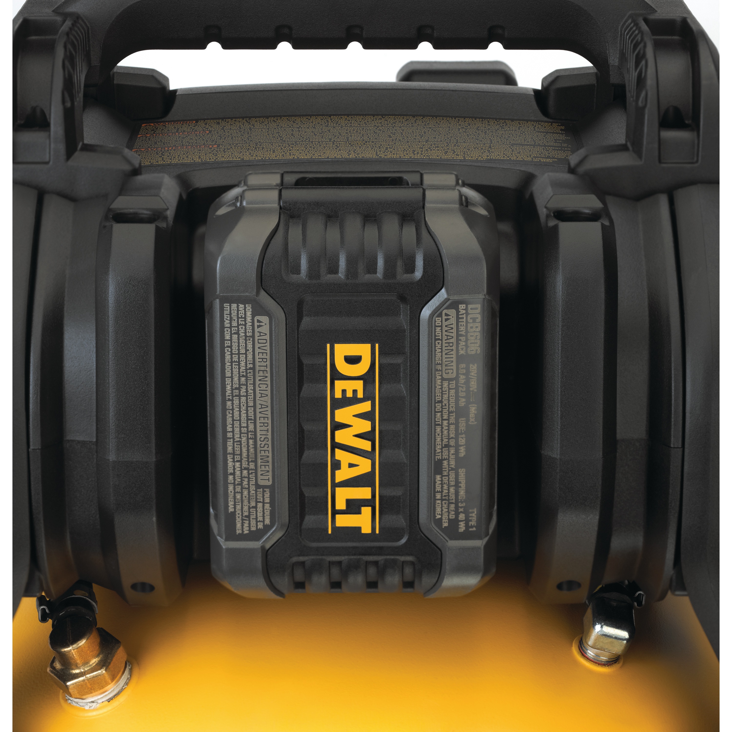 Close up of 6.0 Amp hours Lithium Ion battery of  FLEXVOLT® 2.5 GALLON CORDLESS AIR COMPRESSOR 