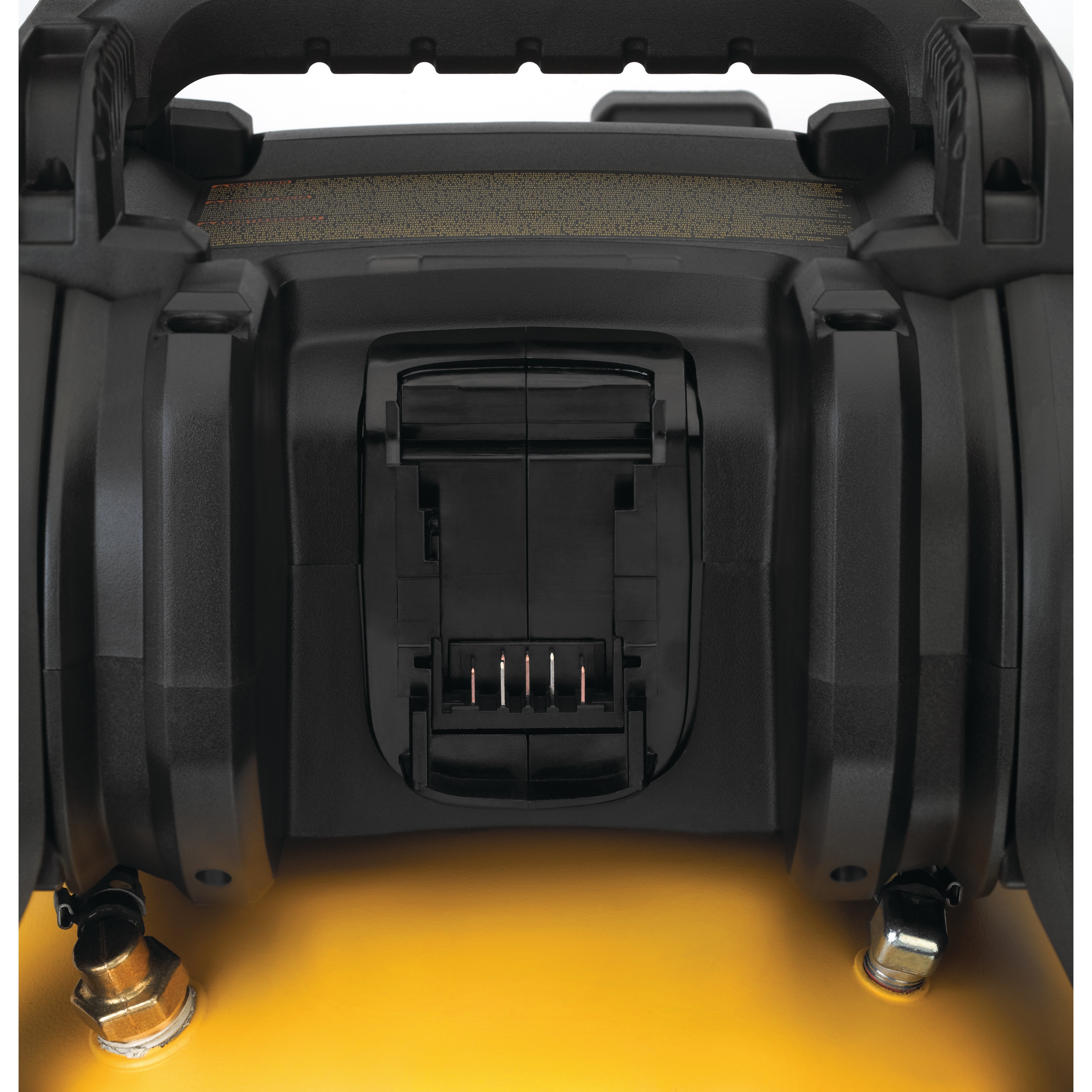 Close up of  battery receiver cage feature of FLEXVOLT® 2.5 GALLON CORDLESS AIR COMPRESSOR for inserting battery