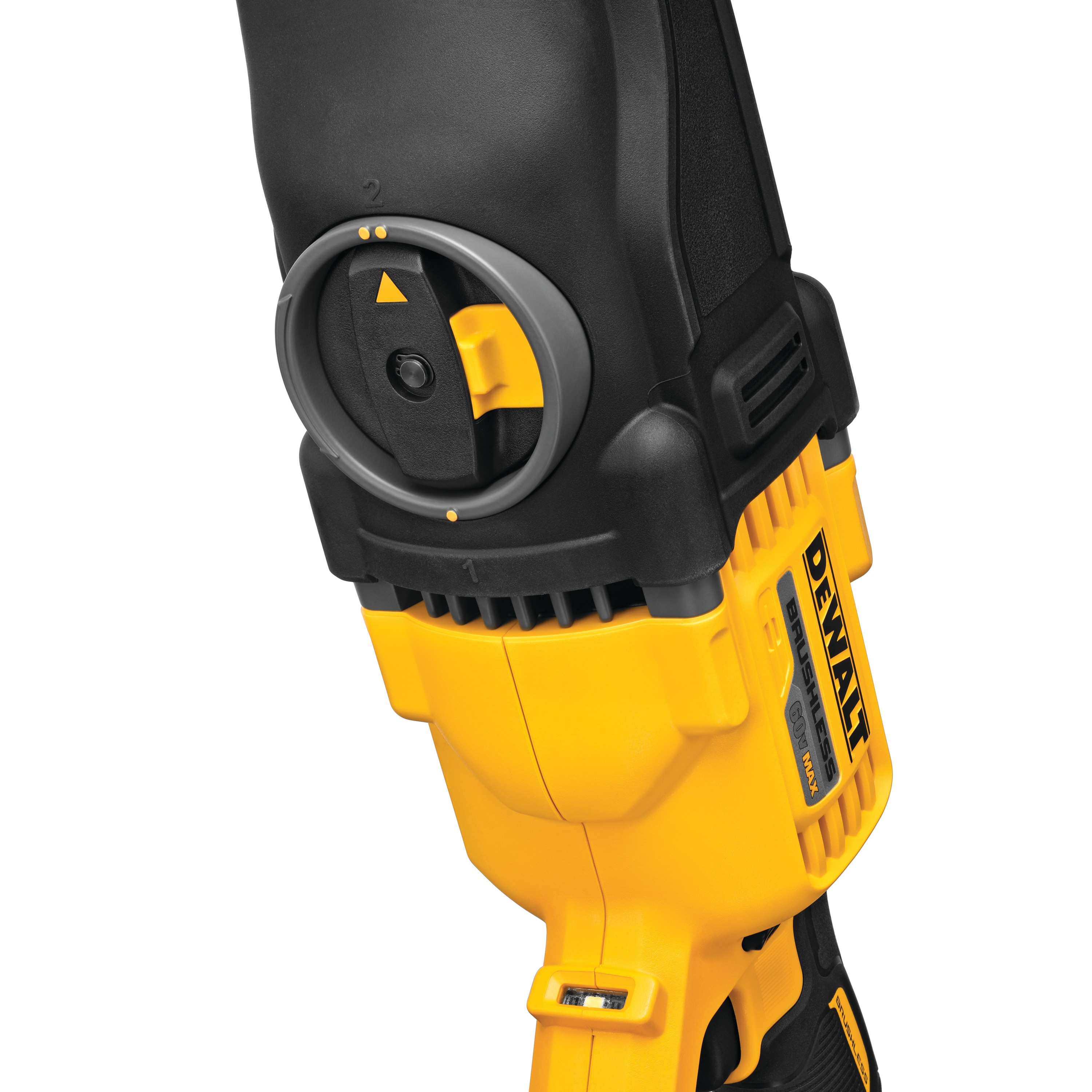 Quick-shift speed selector feature of a brushless cordless quick-change stud and joist drill.