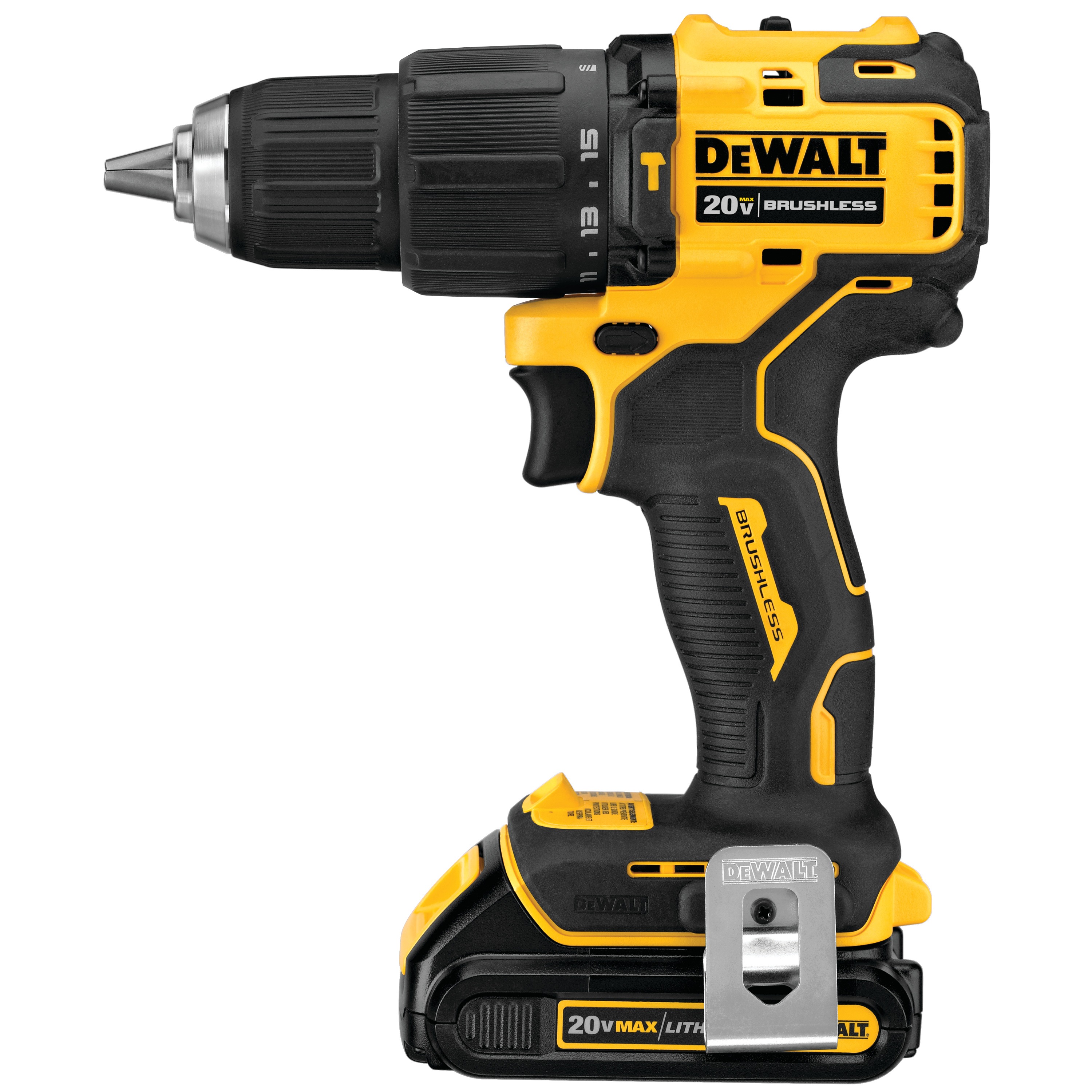 Profile of Atomic brushless compact cordless half inch hammer drill driver.