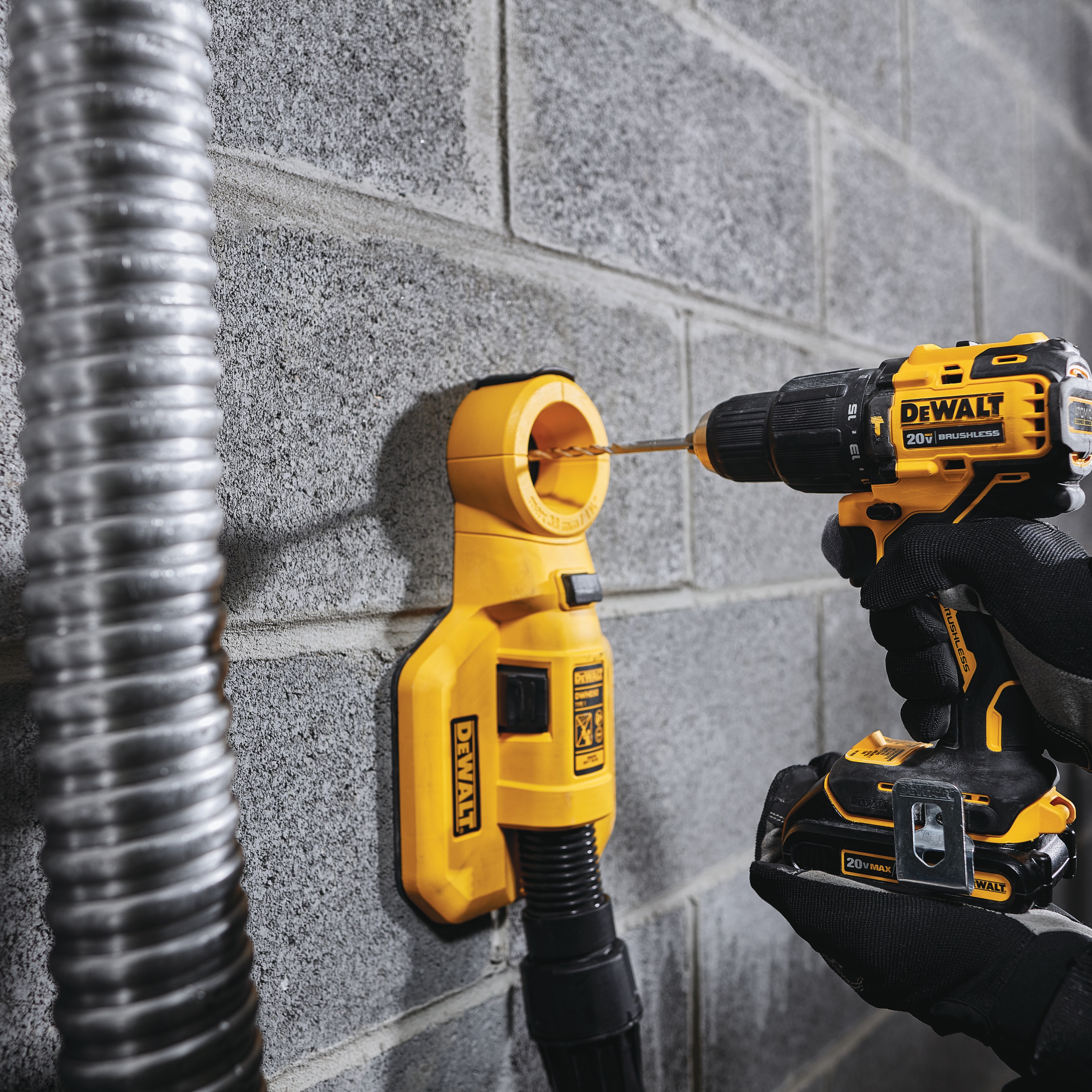 ATOMIC Brushless Compact Cordless half inch Hammer drill driver  drilling on  work surface.
