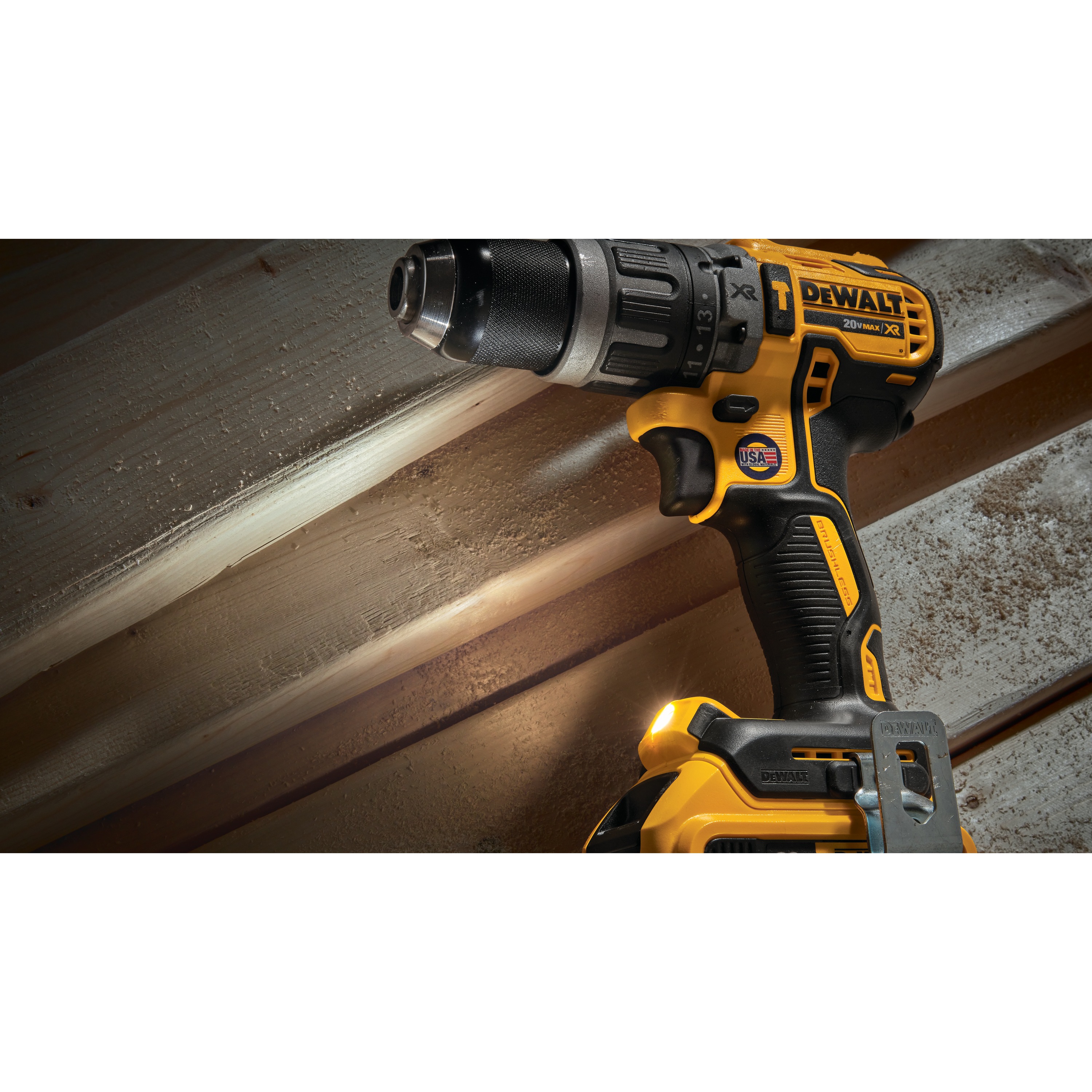 LED spotlight mode feature of XR Brushless Cordless Hammer drill driver.