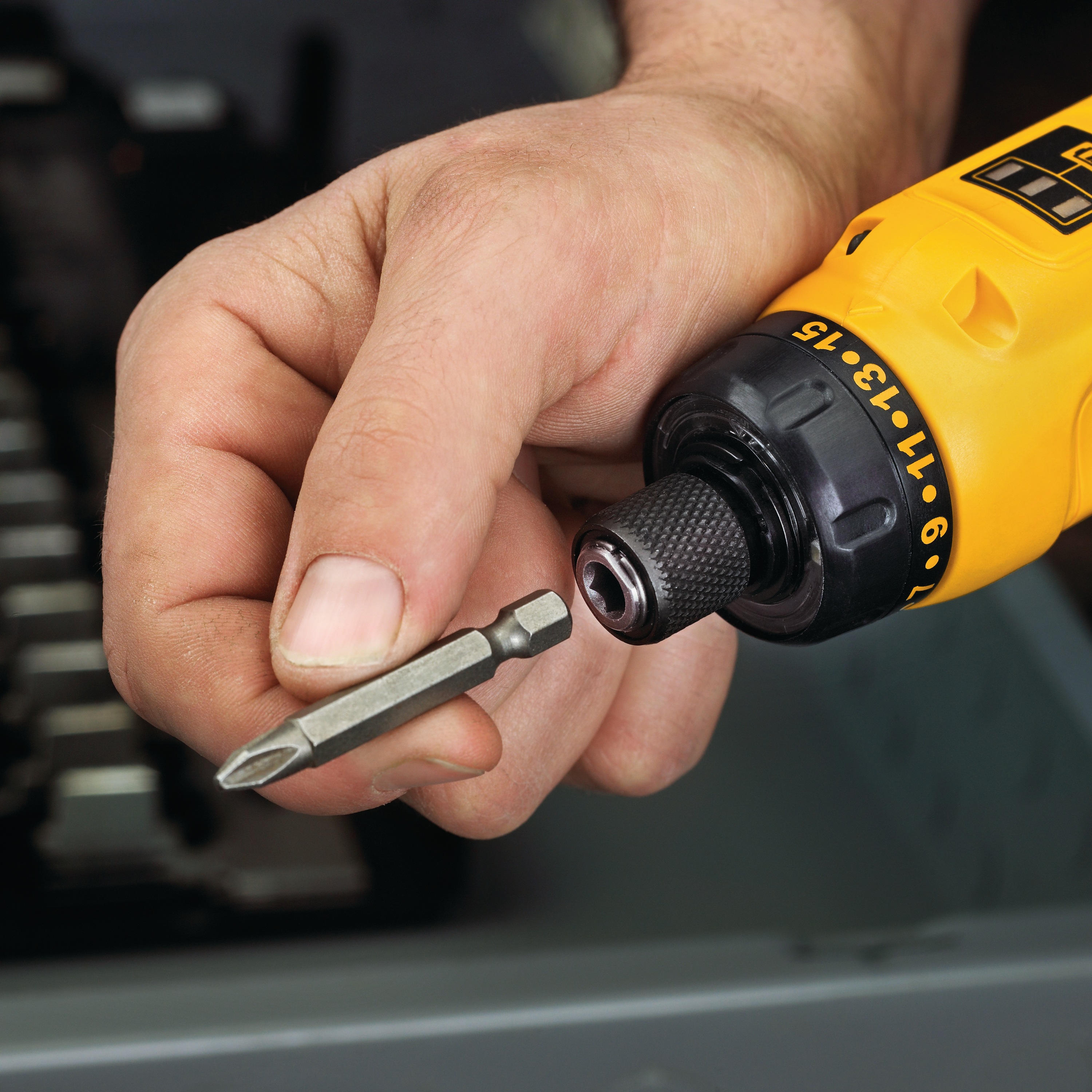Quick screwdriver bit change feature from hex of gyroscopic screwdriver 2 battery.