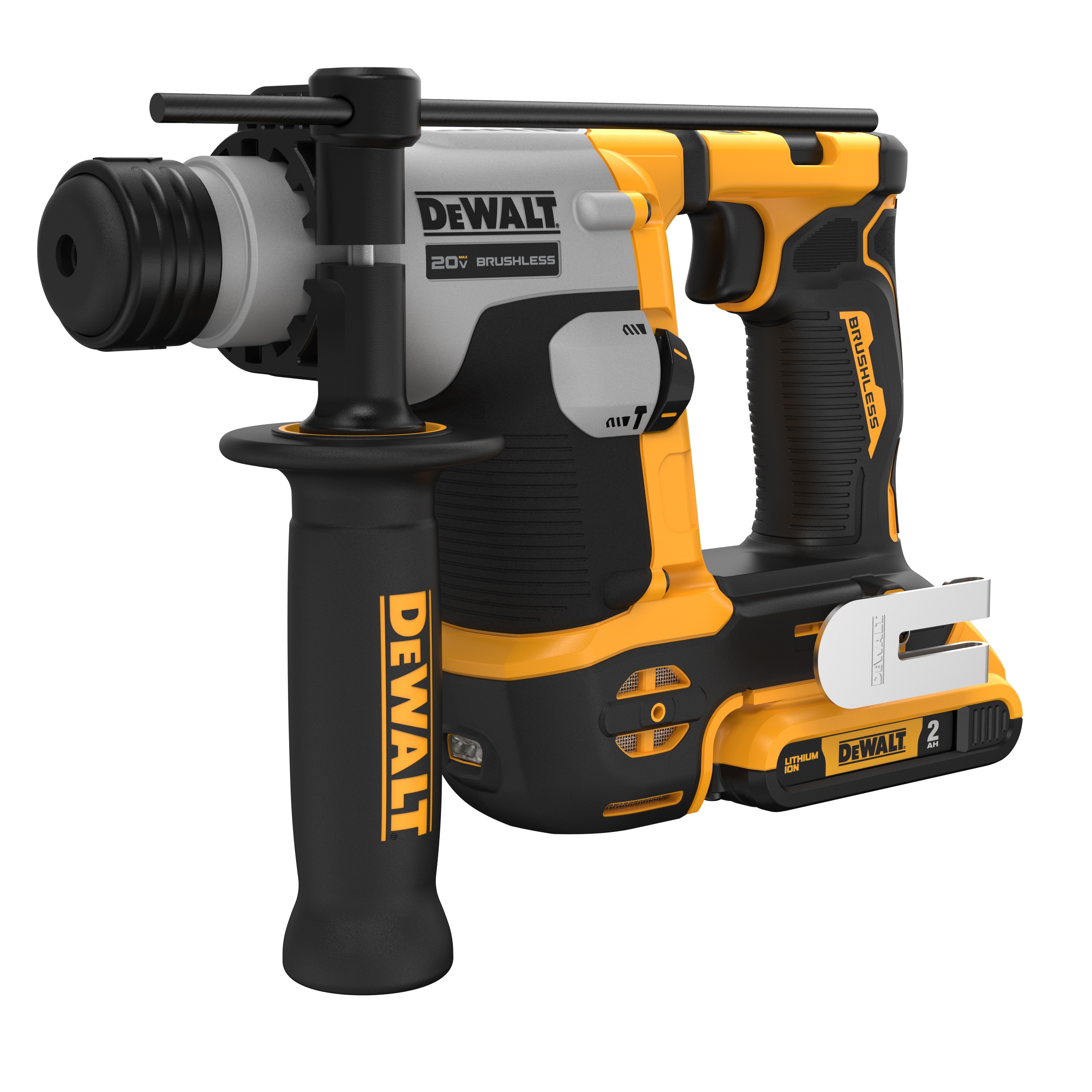 Profile of atomic 20 volt five eighths inch brushless cordless S D S plus rotary hammer kit.
