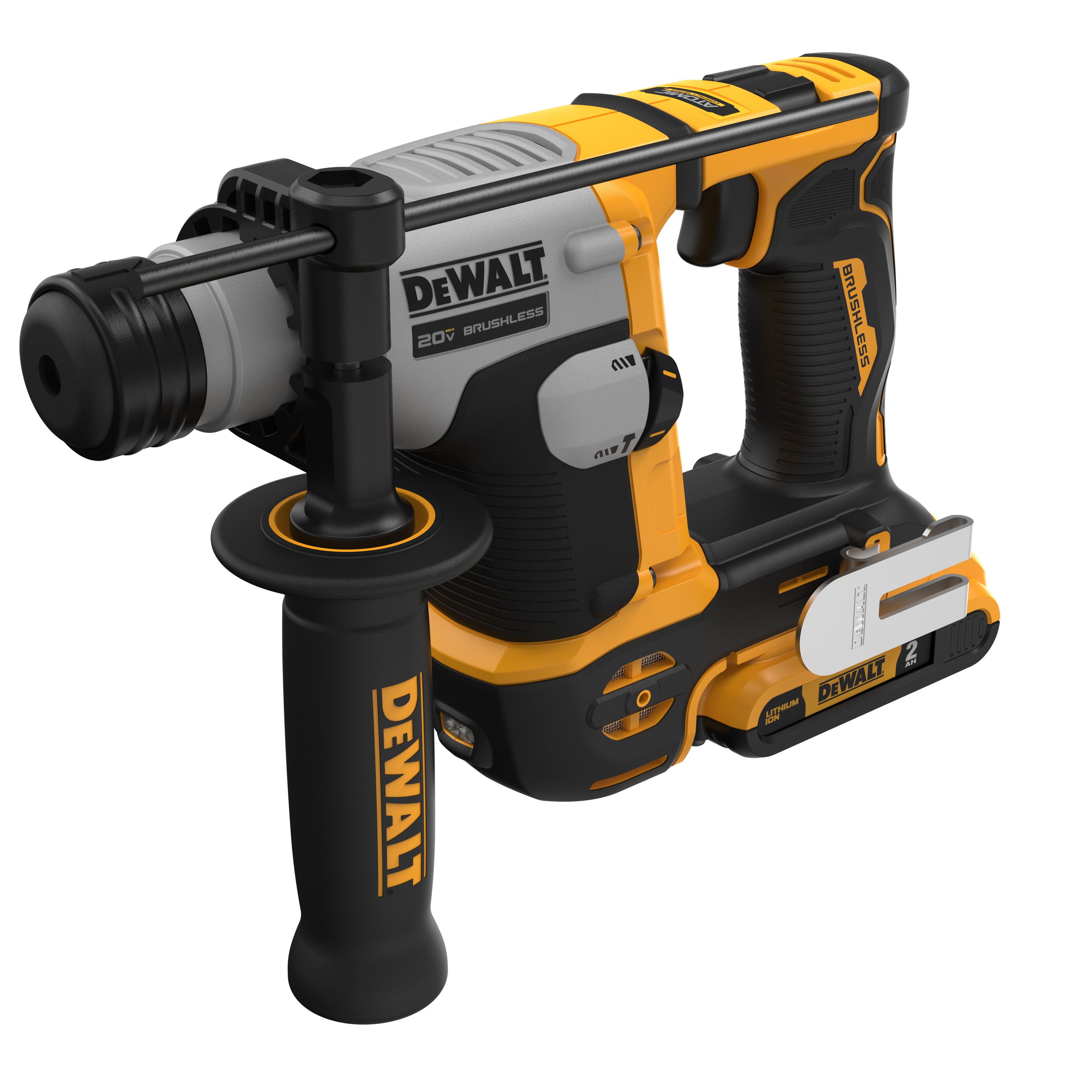 Profile of atomic 20 volt five eighths inch brushless cordless S D S plus rotary hammer kit.