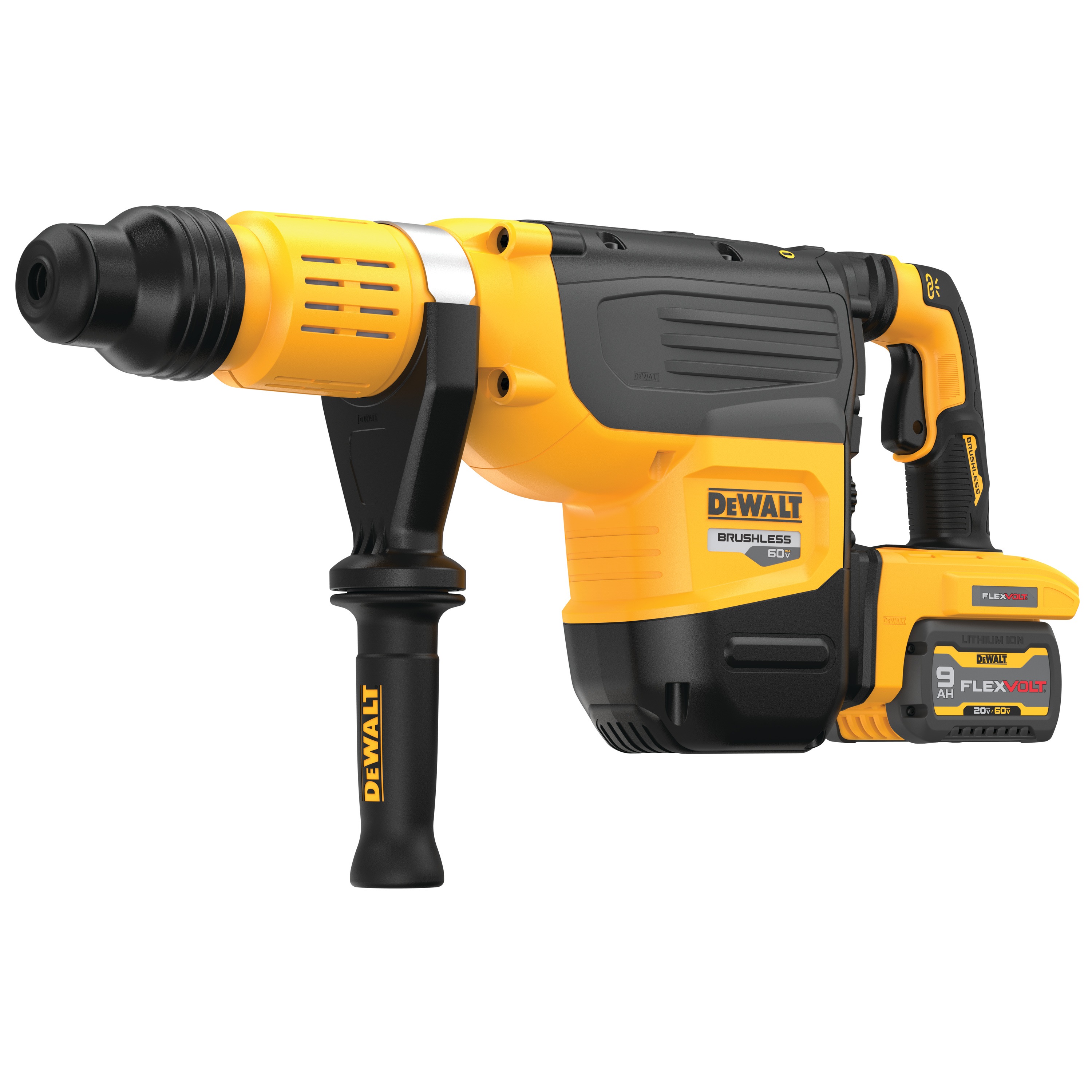 Profile of 60 volt 2 inch brushless cordless S D S combination rotary hammer kit.