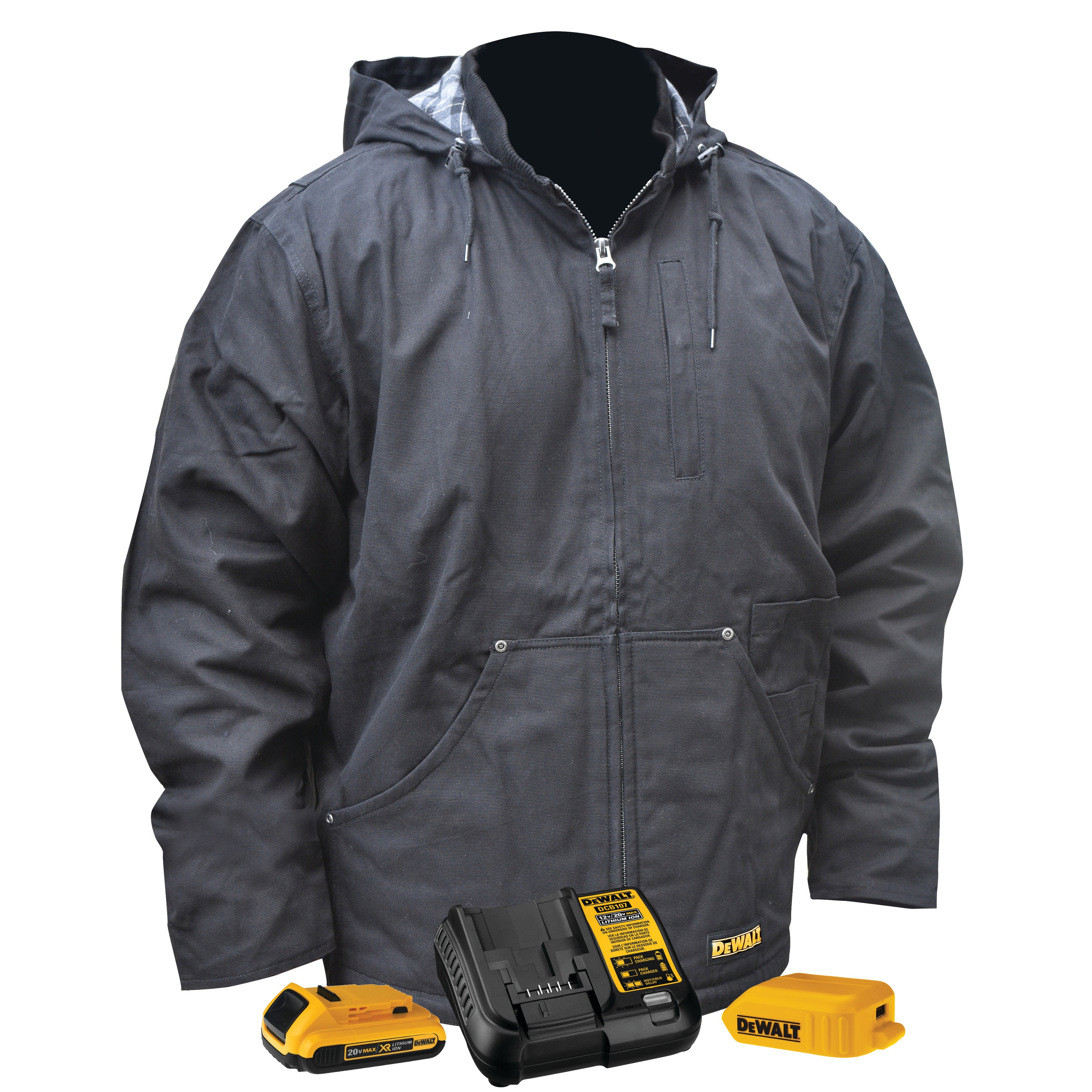 Black, heavy duty, heated jacket with its complete kit