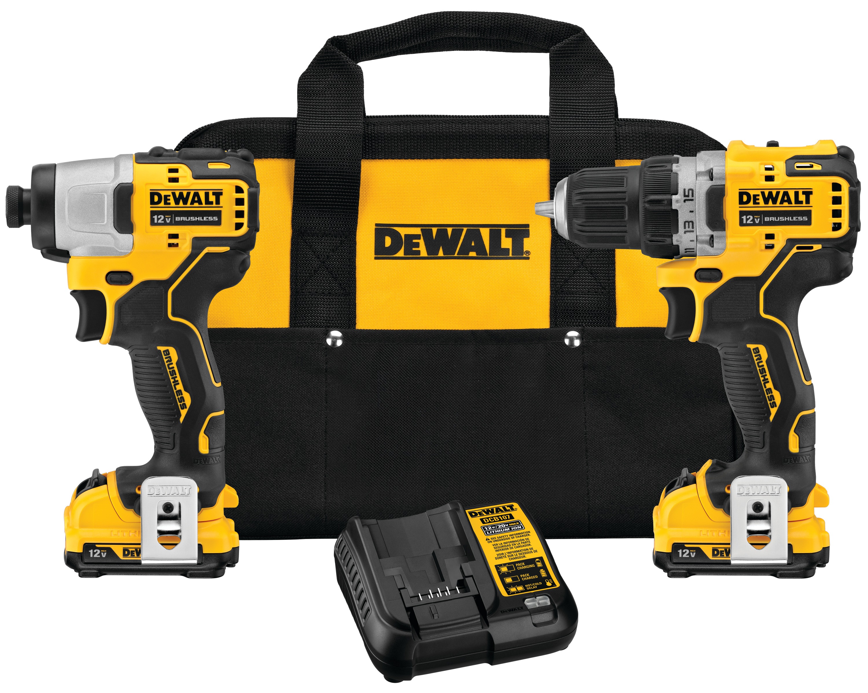 brushless, cordless drill and impact driver combination with its complete kit