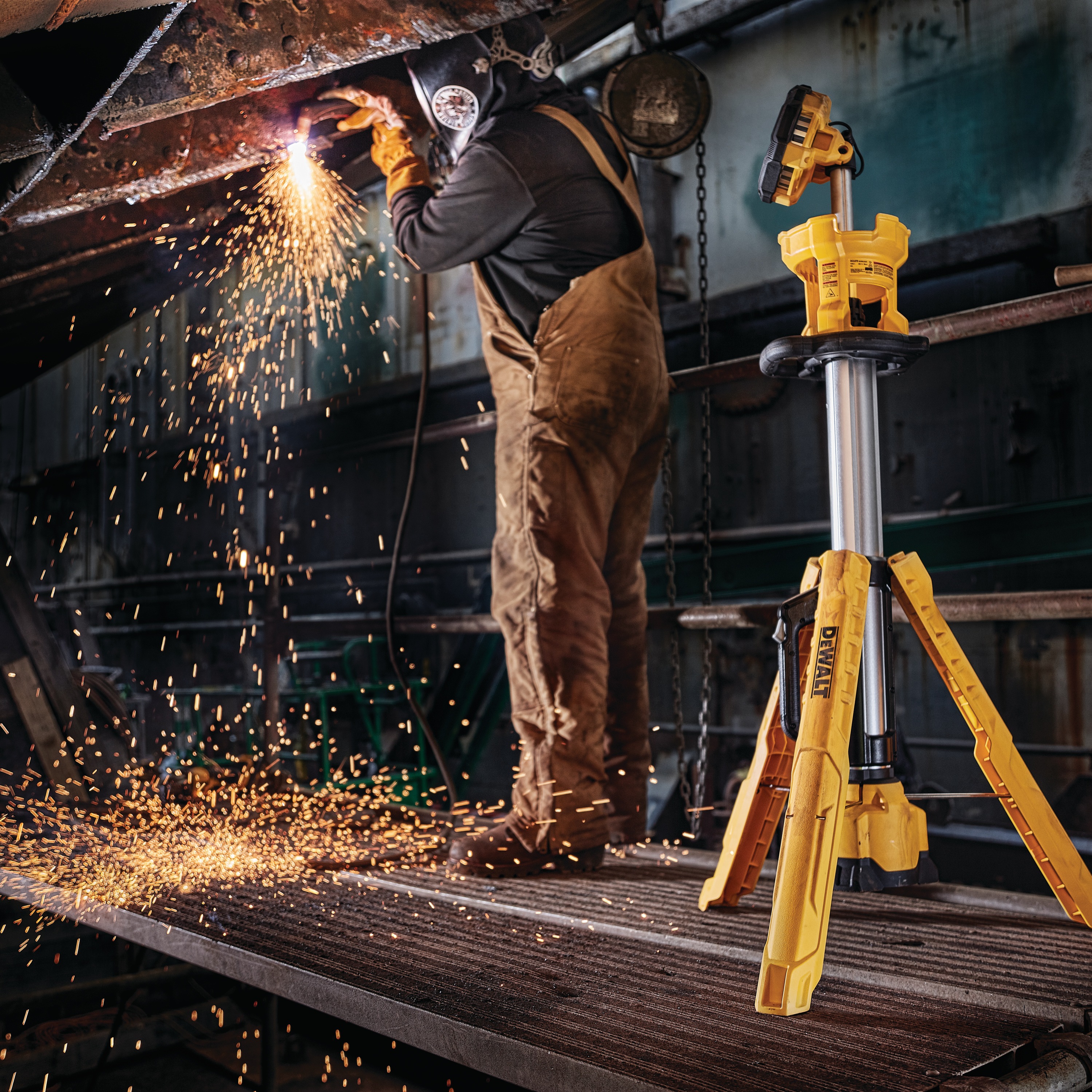 cordless tripod light in use at a construction site