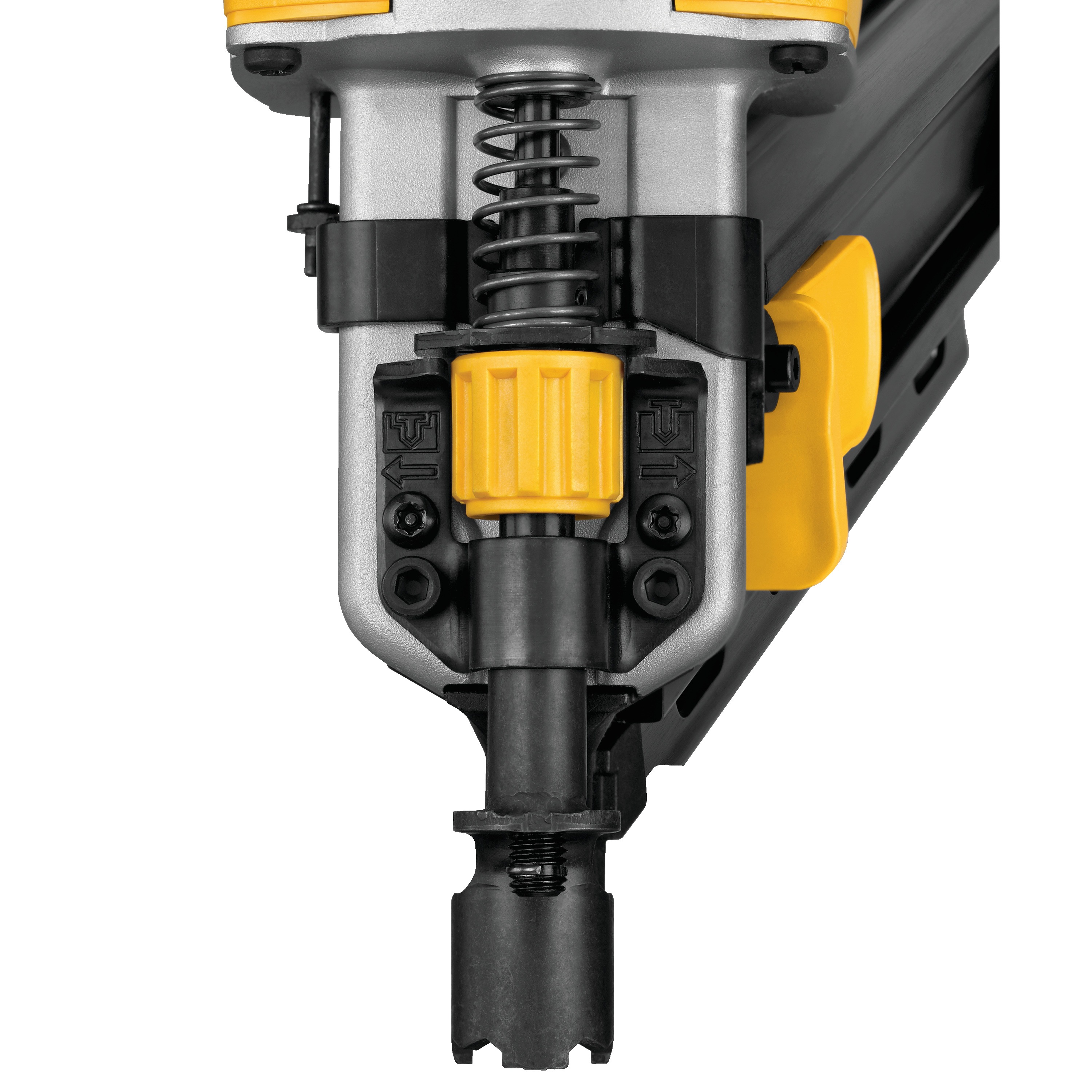 Close up of nose piece features of a 21 inch Plastic Collated Cordless Nailer