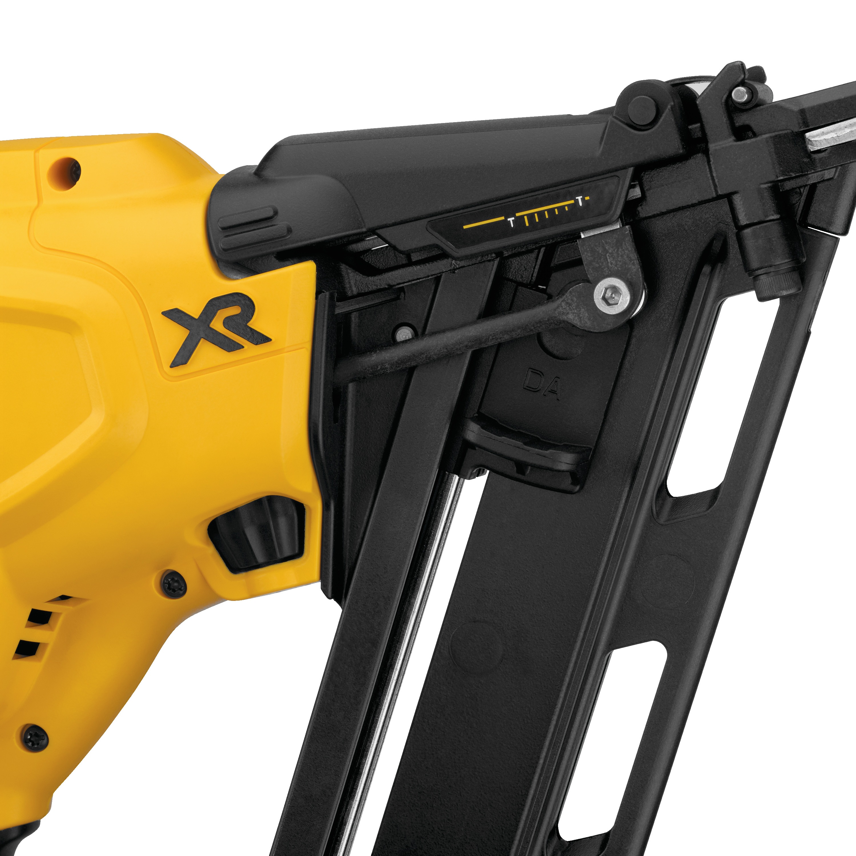 Close up of high capacity magazine feature of a  XR Cordless 15 Gauge Angled Finish Nailer