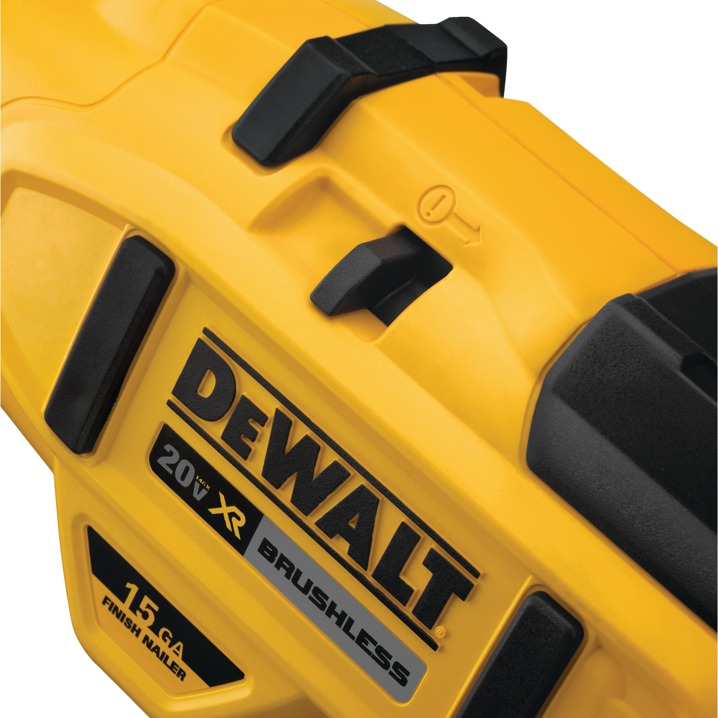 Close up of jam release trigger feature of a  XR Cordless 15 Gauge Angled Finish Nailer