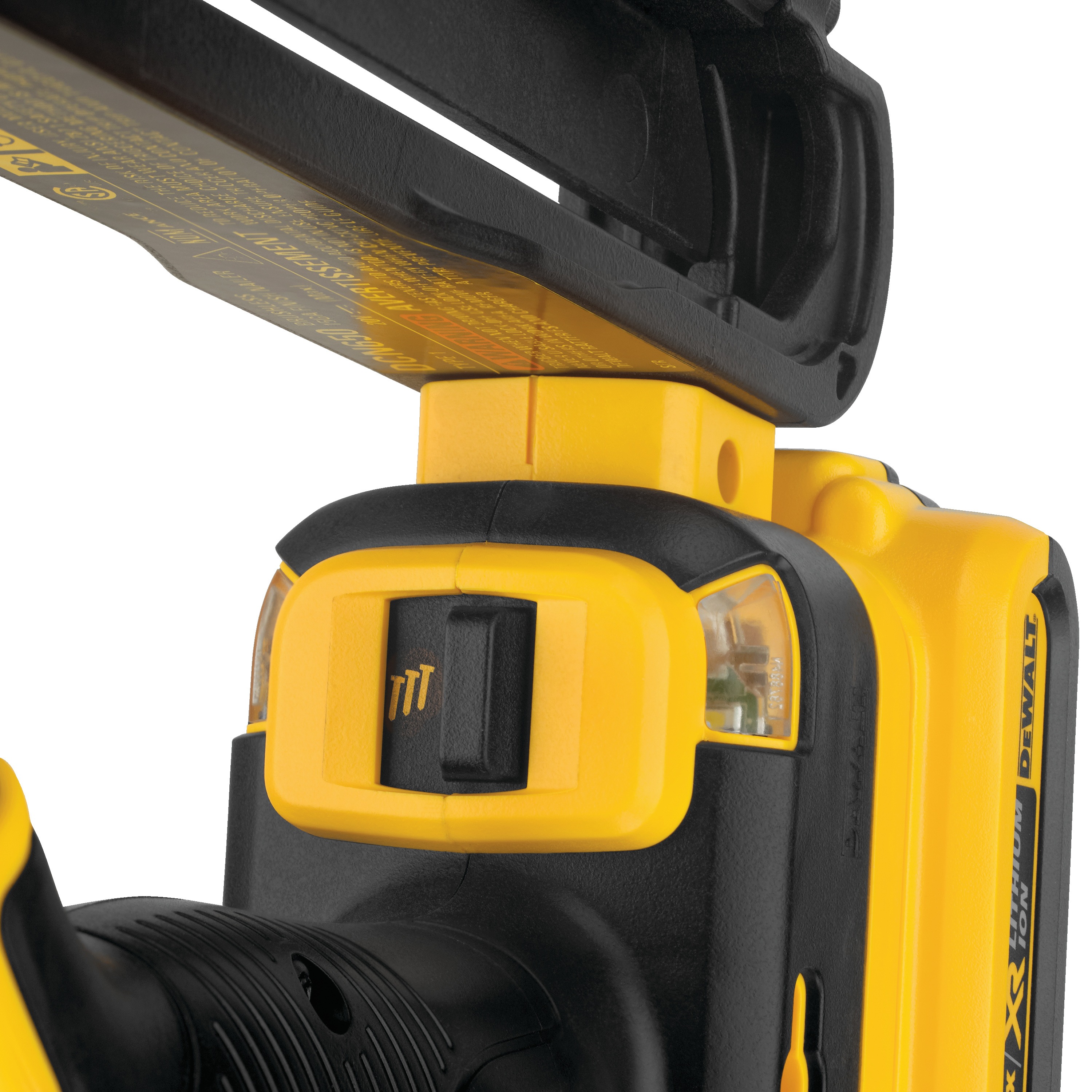 Close up on features of  XR Cordless 15 Gauge Angled Finish Nailer