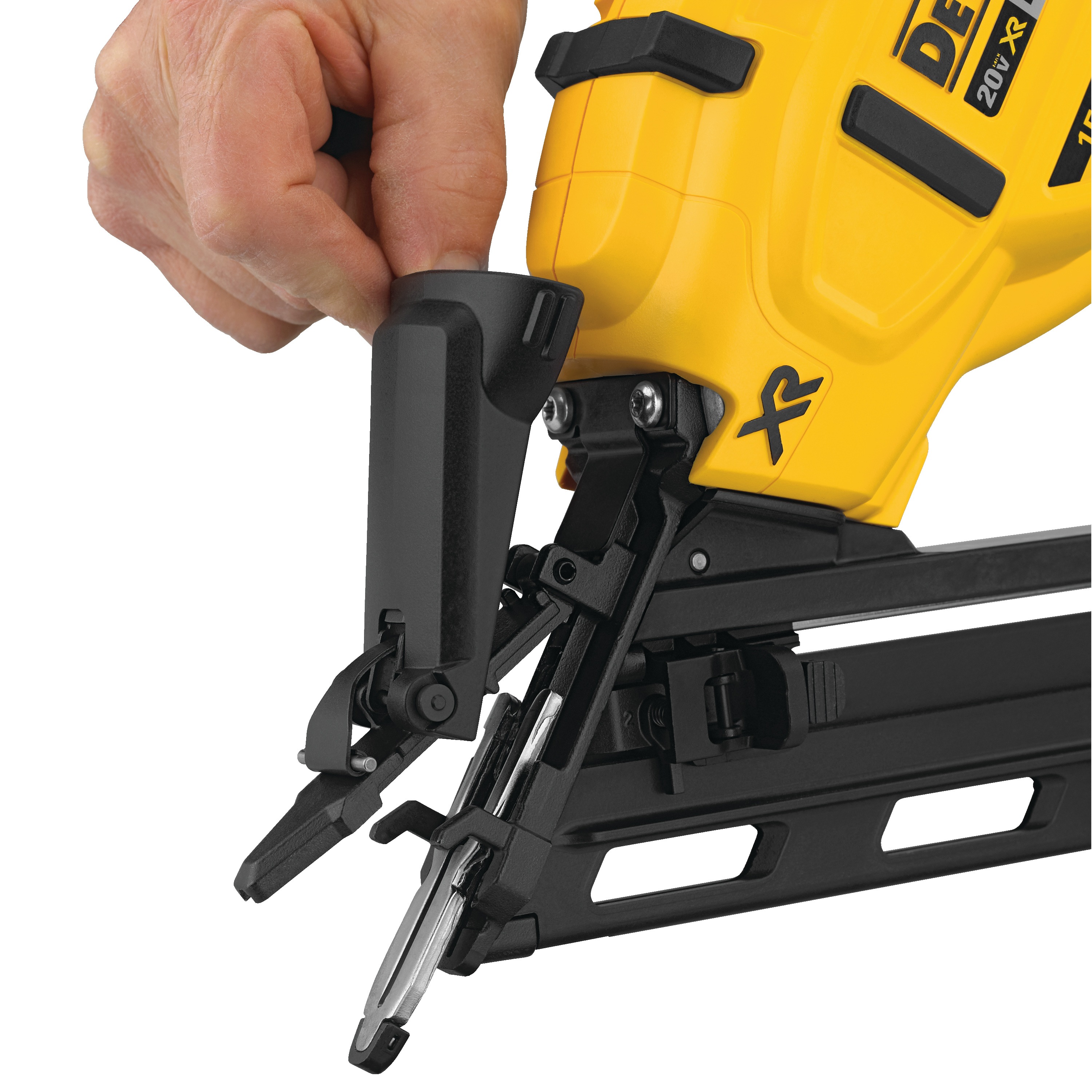 Angled nose piece feature of a  XR Cordless 15 Gauge Angled Finish Nailer
