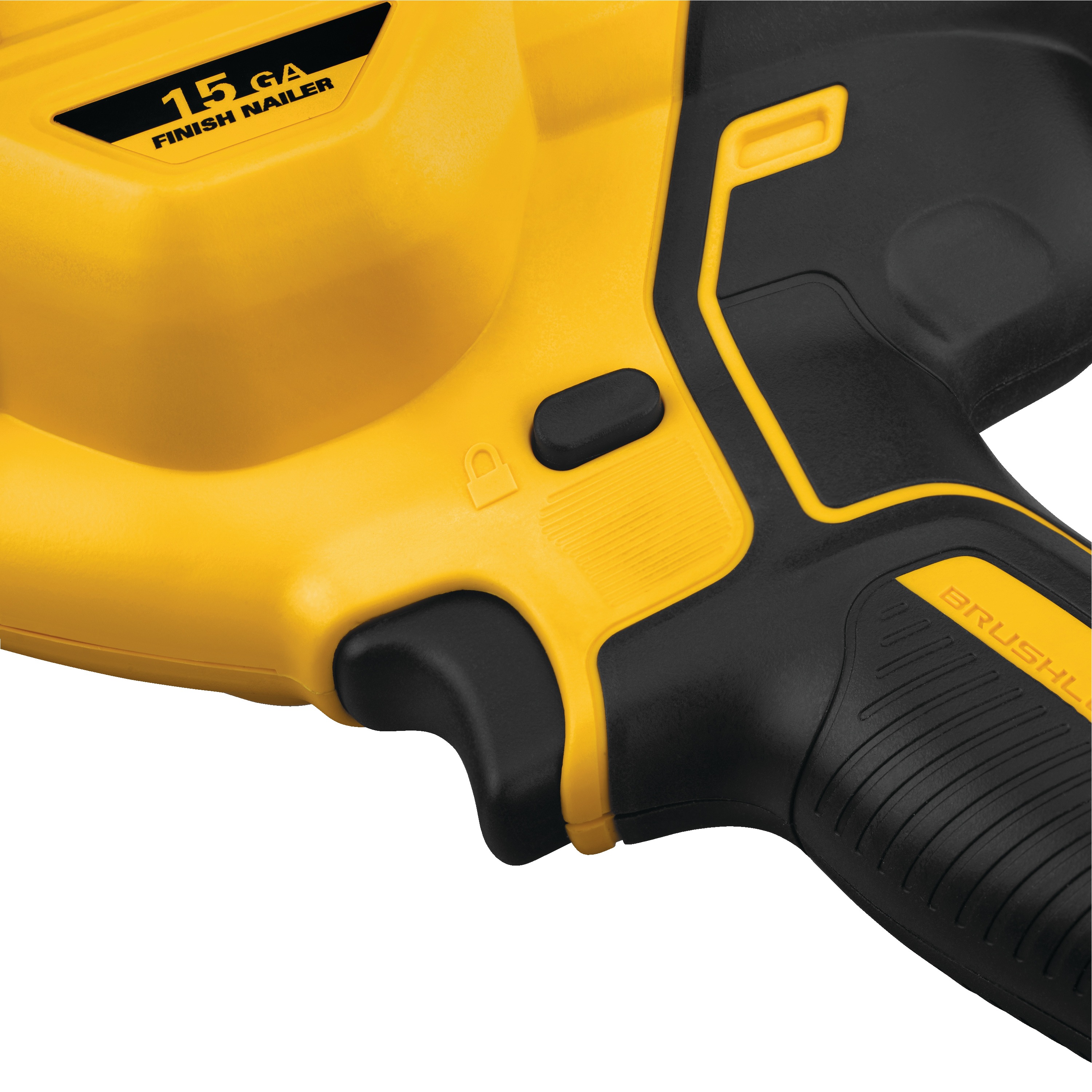 Close up of lock button feature of a  XR Cordless 15 Gauge Angled Finish Nailer