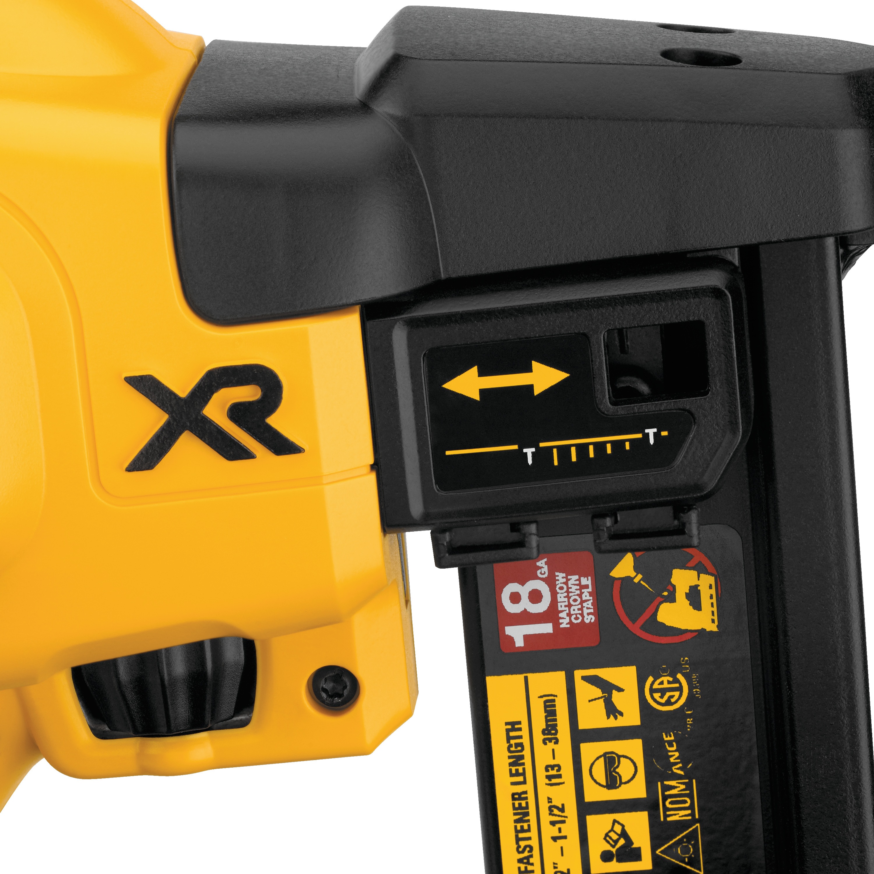 Close up of features on nose piece of a  XR 18 gauge Cordless Narrow Crown Stapler