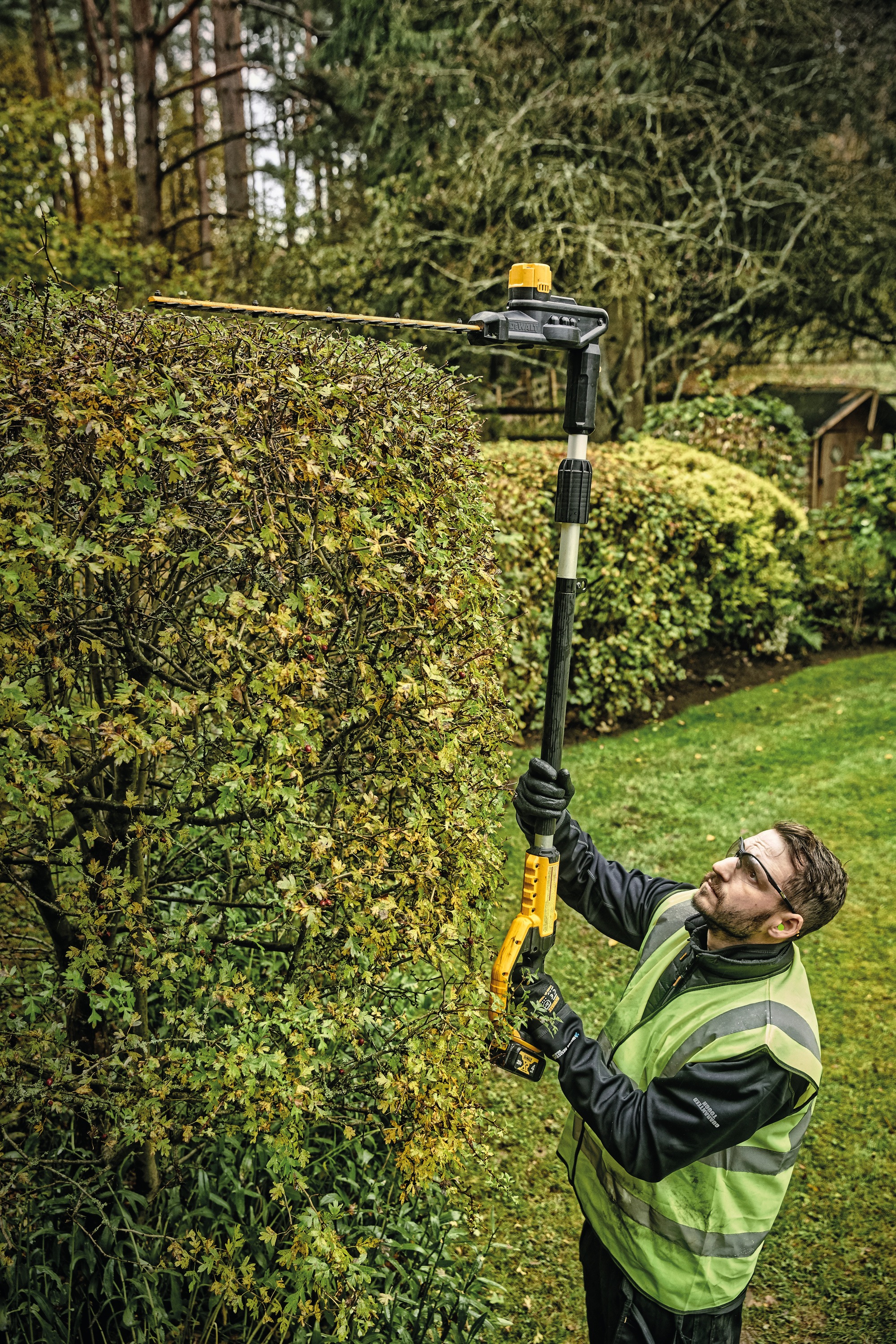 Overhead view of Pole Hedge Trimmer being used by a person to cut through landscape outgrowth.