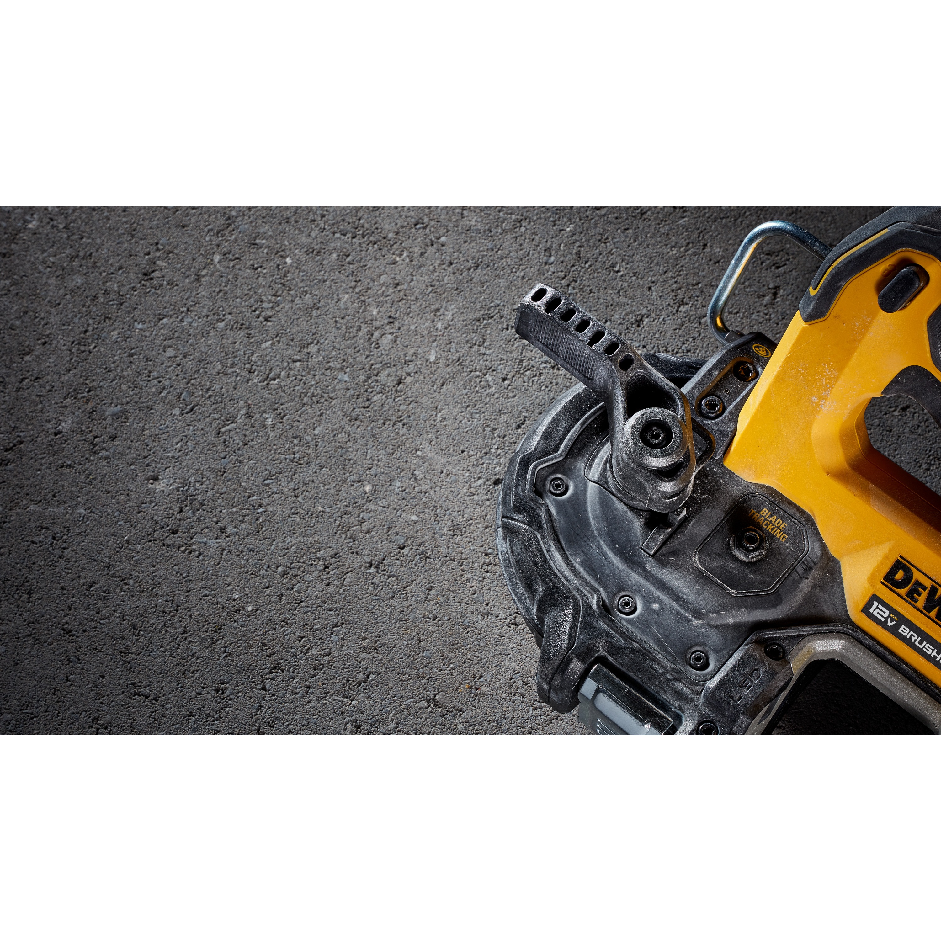 Blade tracking feature Xtreme 12 volt 1 and three quarter inch brushless cordless band saw tool.