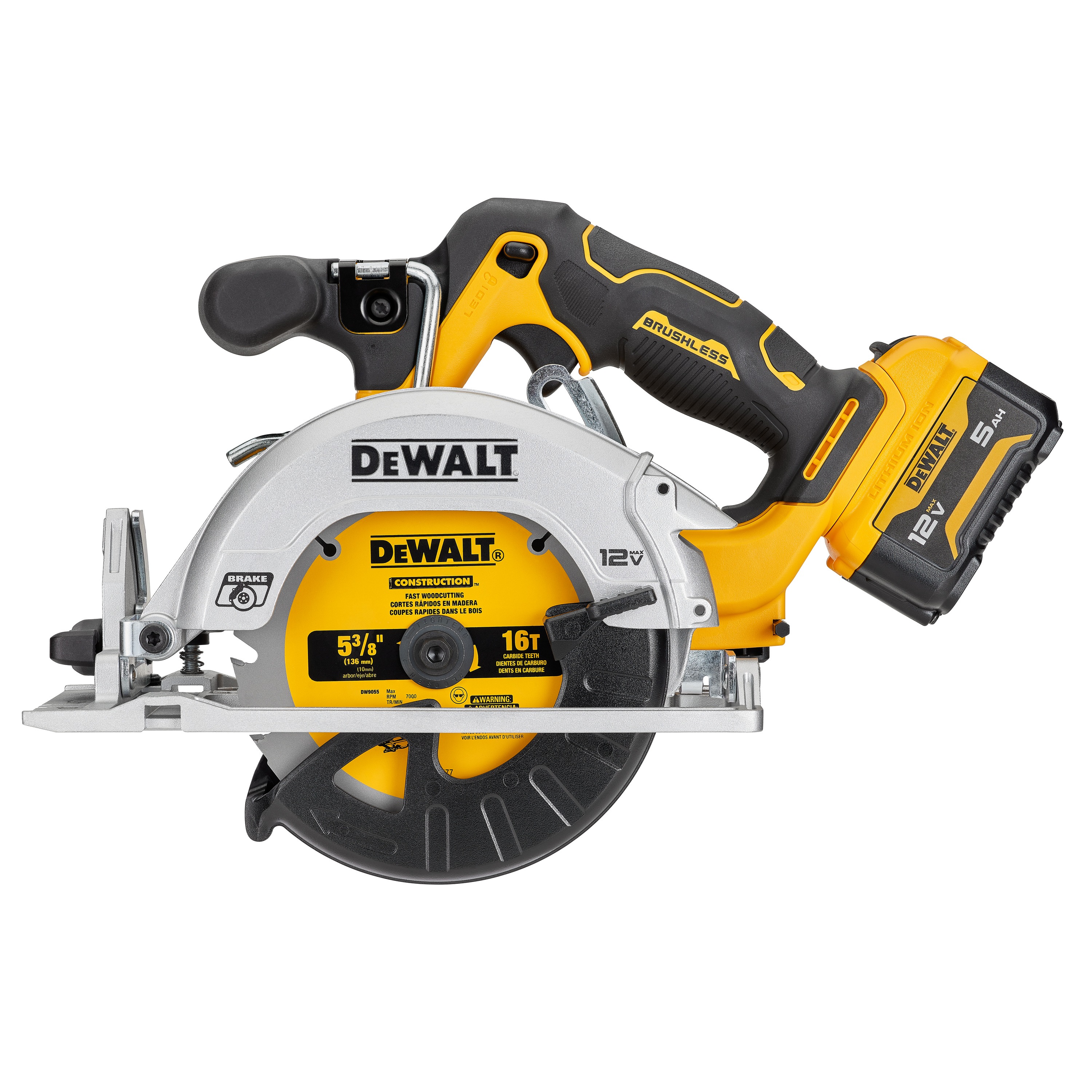 Right side of xtreme 12 volt 5 and three eighths inch brushless cordless circular saw kit.