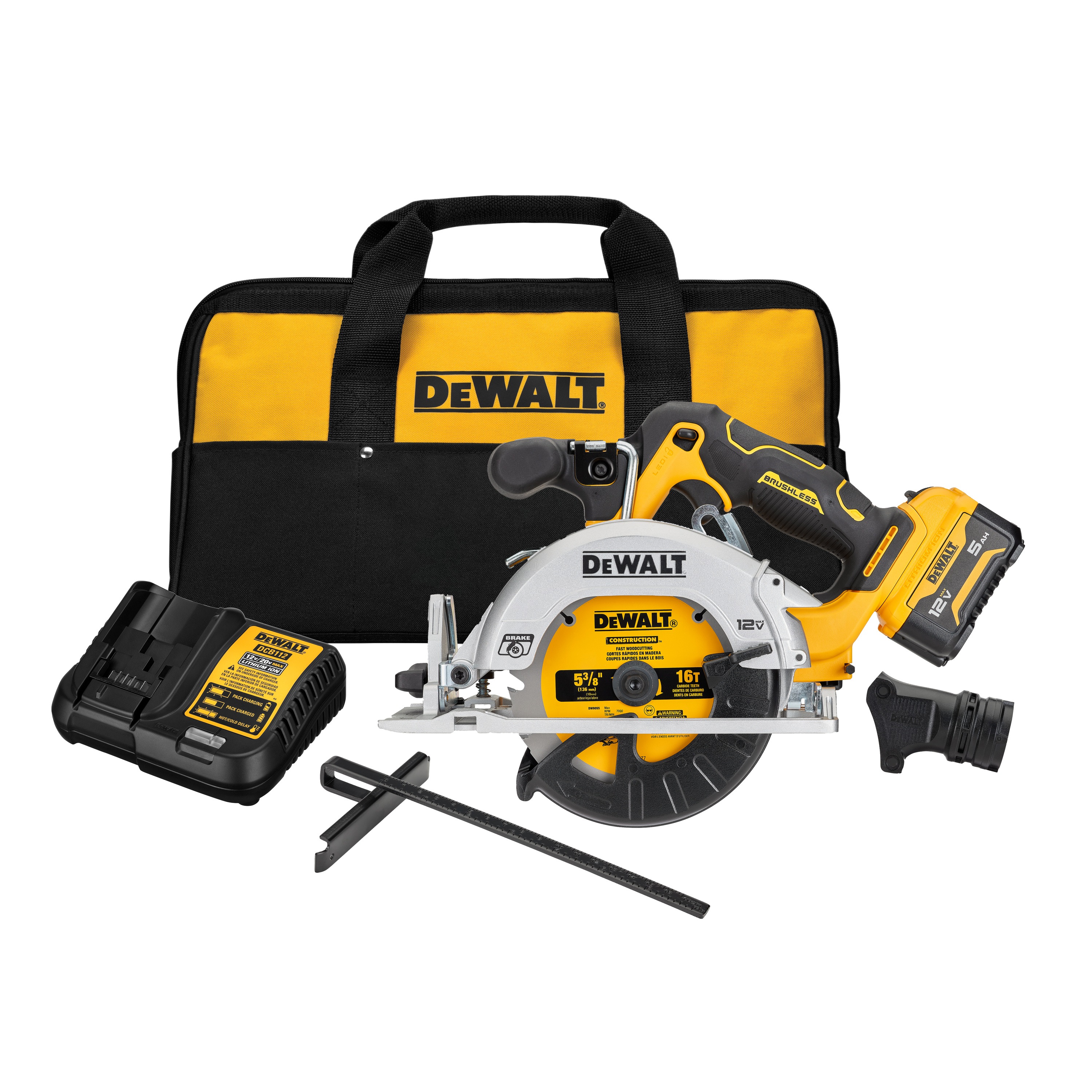 xtreme 12 volt 5 and three eighths inch brushless cordless circular saw with kit and kit bag.