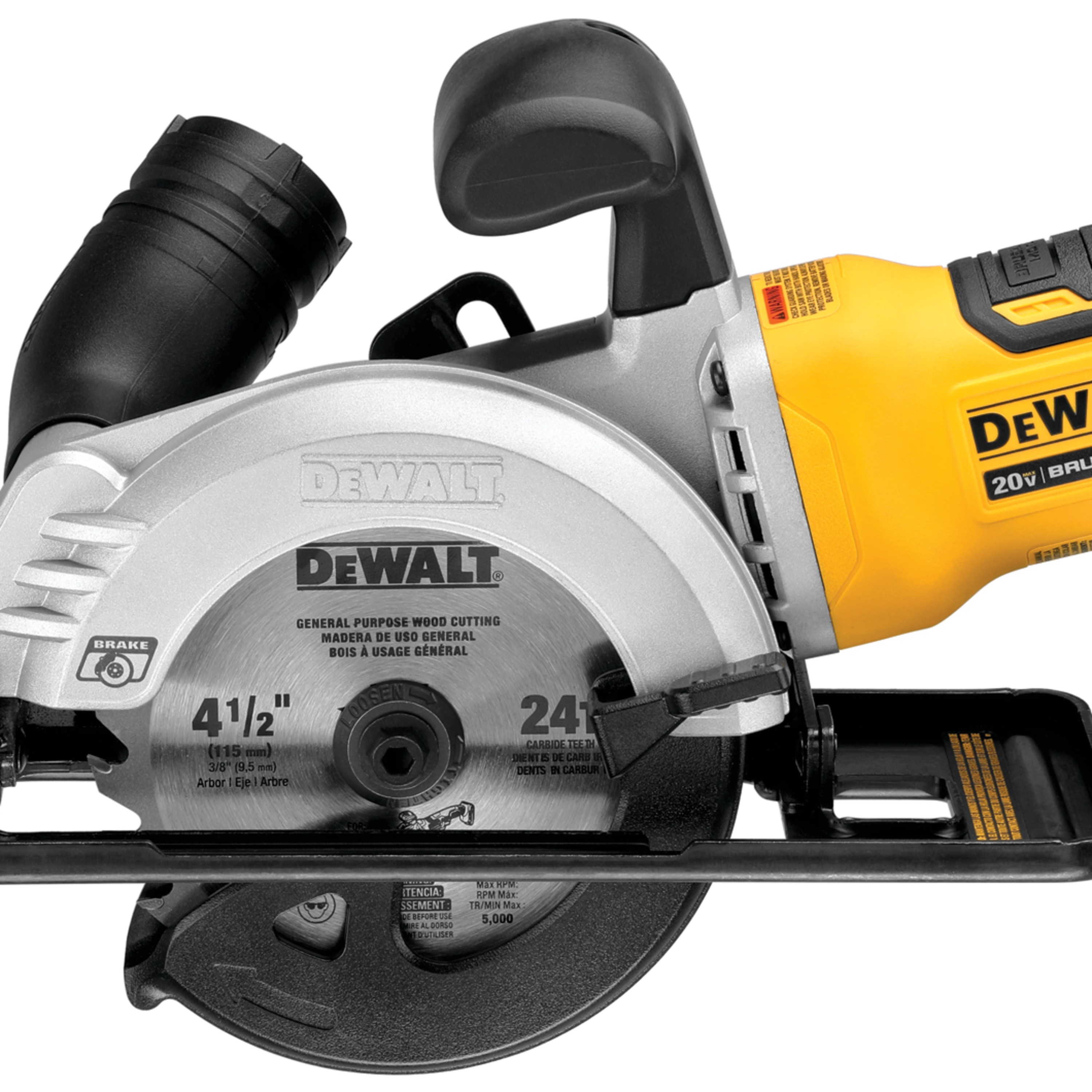 ATOMIC brushless cordless circular saw featuring rip fence and dust port adaptor.