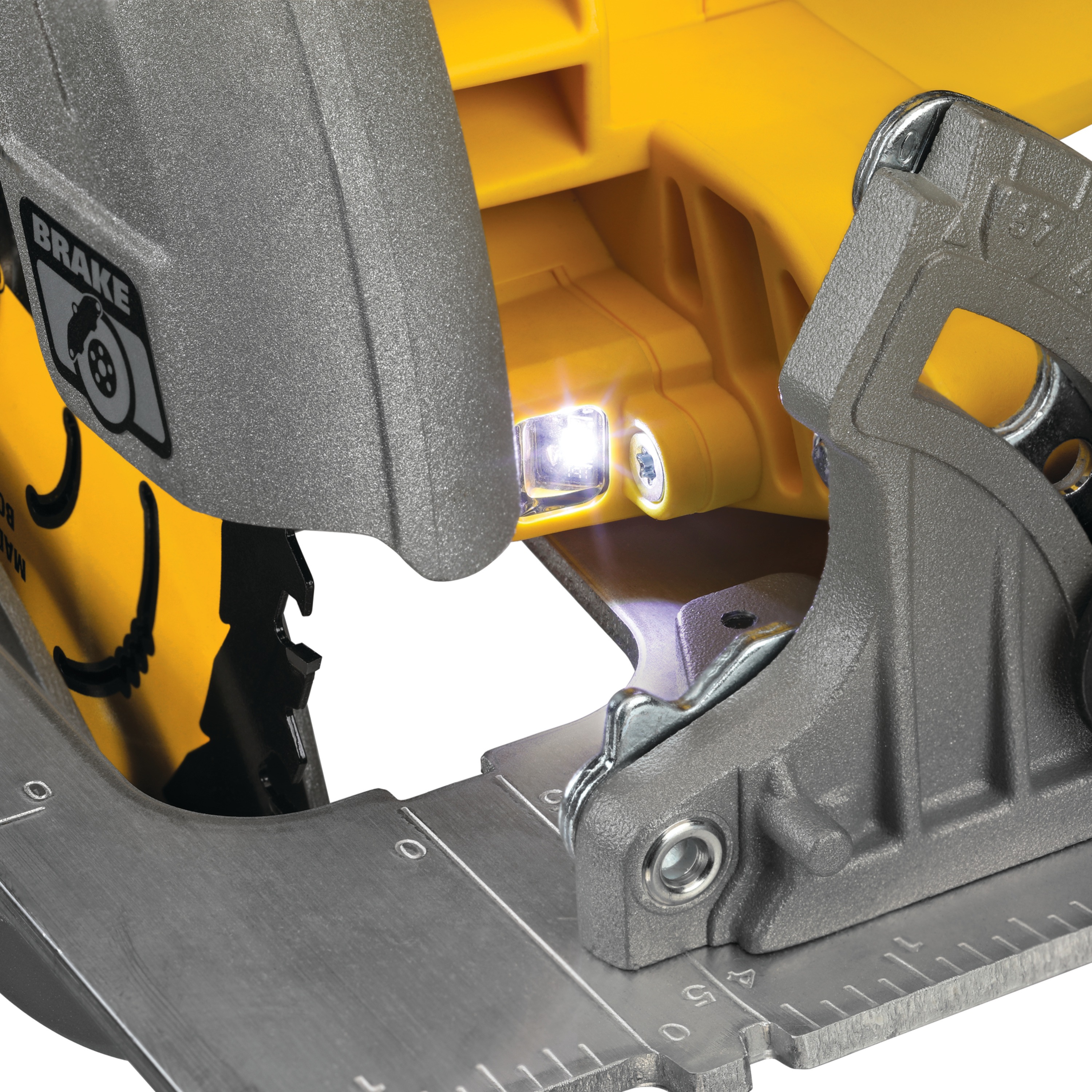 Integrated LED feature of XR brushless circular saw with POWER DETECT tool technology.