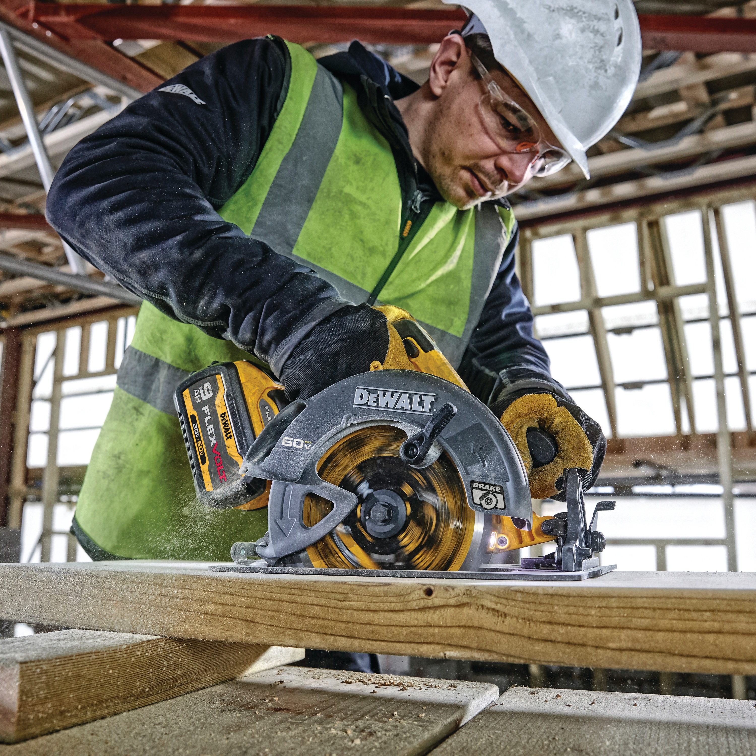 FLEXVOLT brushless cordless circular saw with brake kit being used by person on wood.
