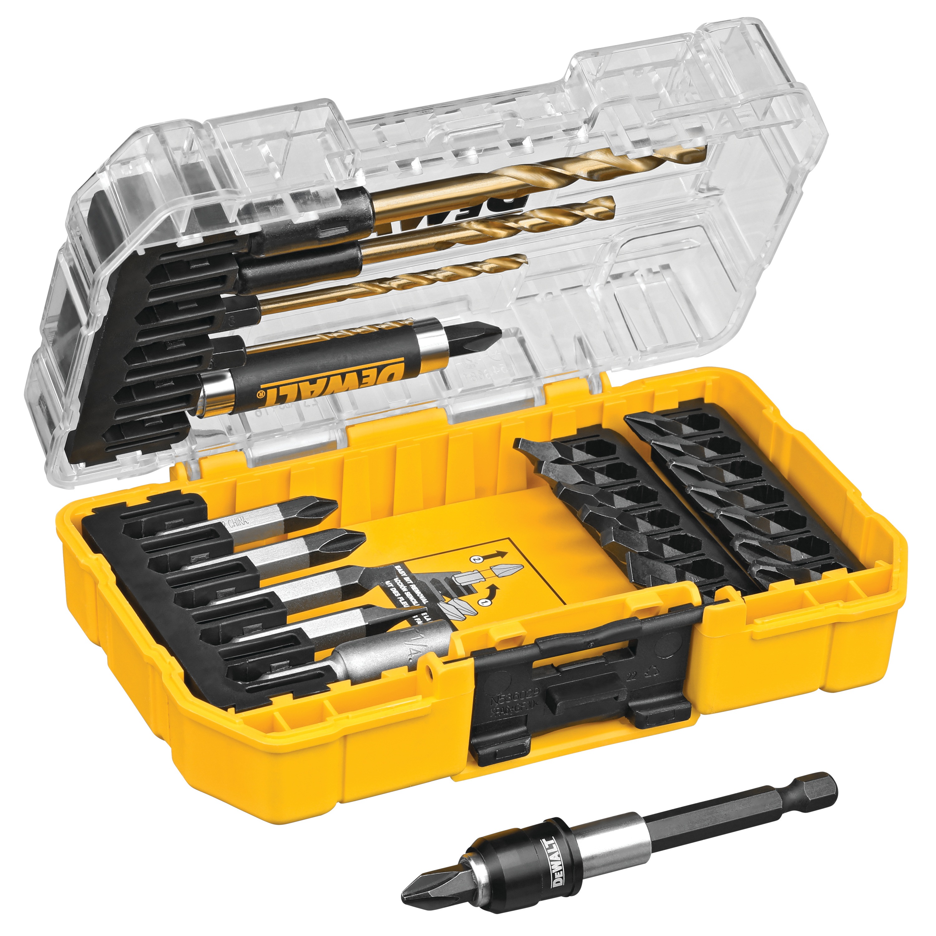 Profile of 27 pieces tough grip screwdriving bit sets with tough case plus system with the case open.