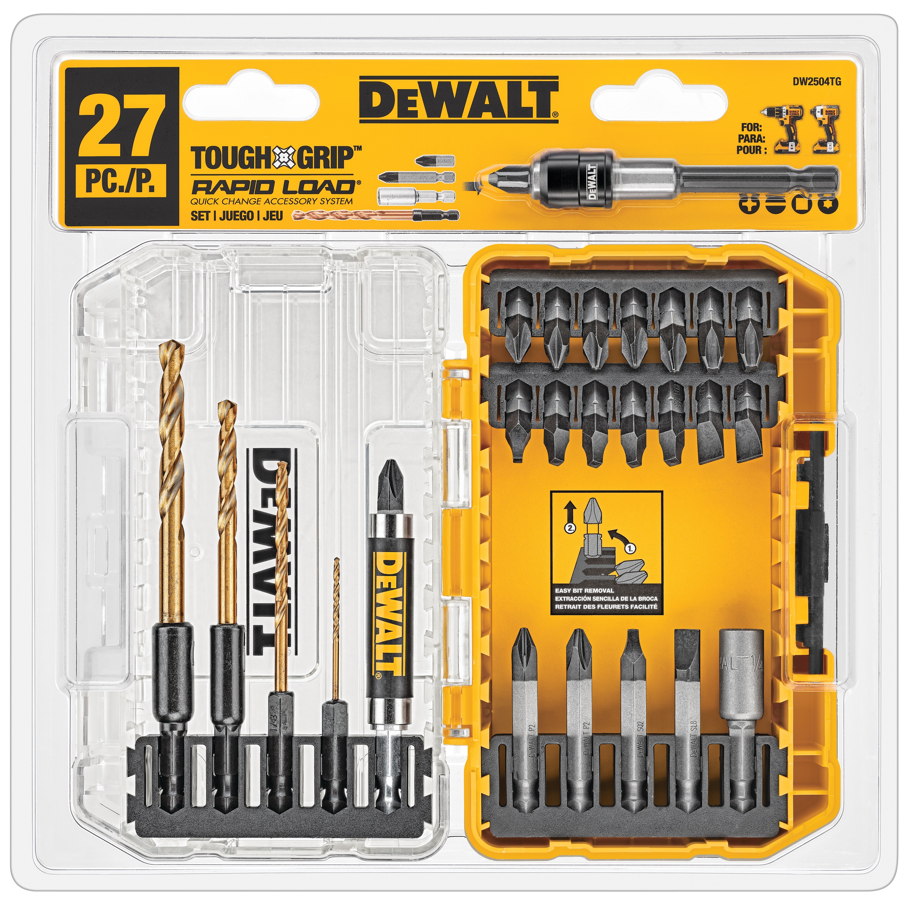 27 piece tough grip screwdriving bit sets with tough case plus system in plastic packaging.