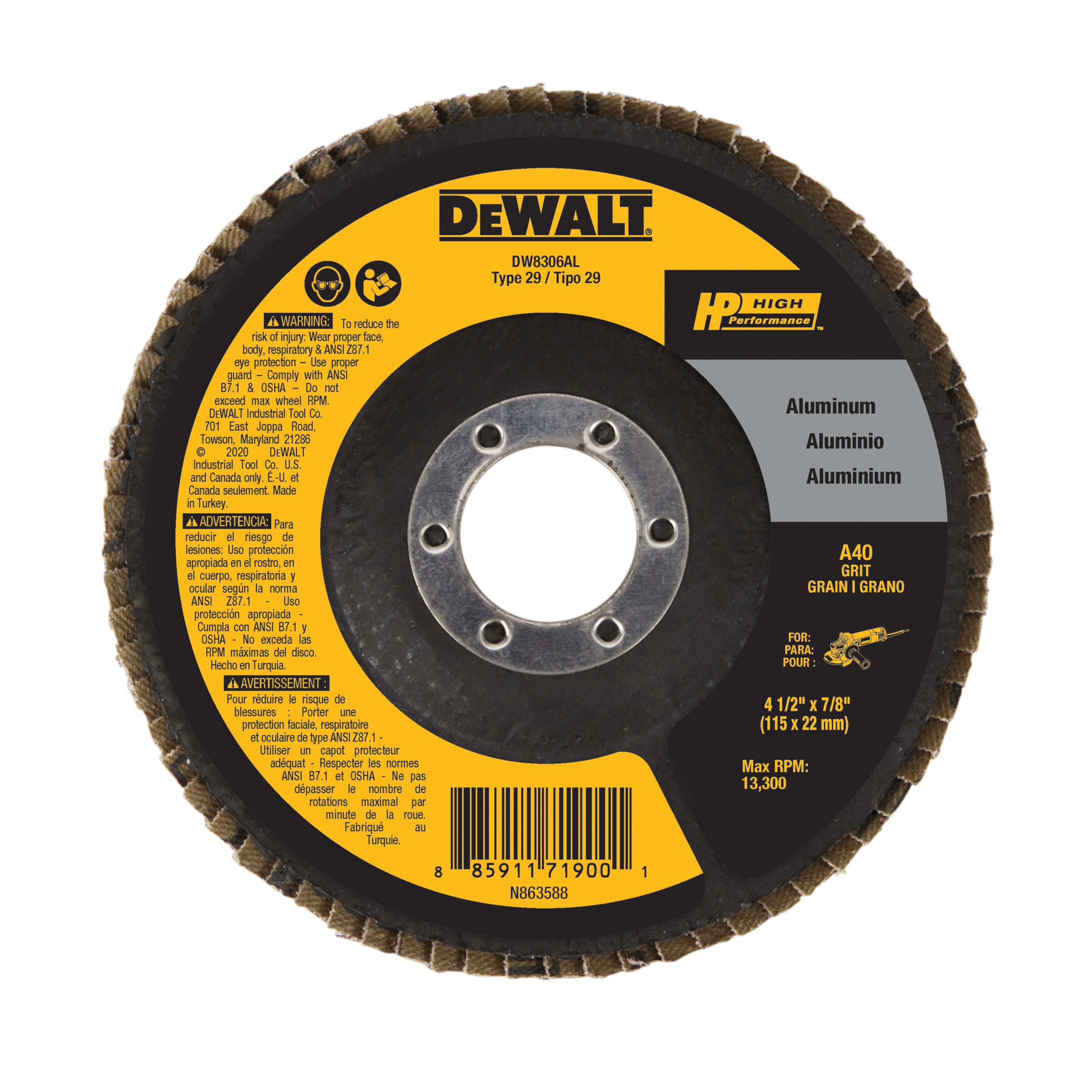 4.5 x 7/8 in. 40 Grit Aluminum Flap Disc DW8306AL DEWALT