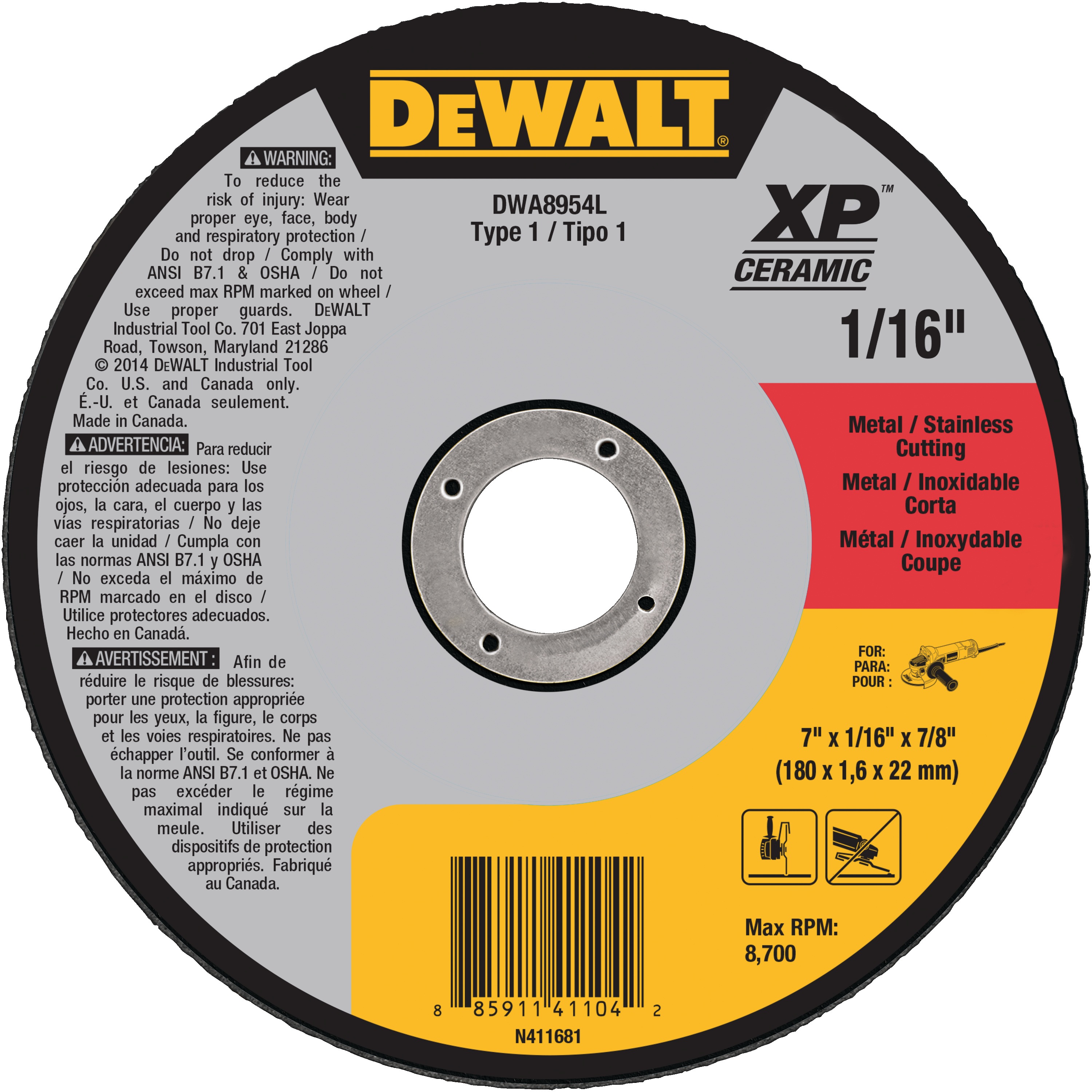 4-1/2 x 0.045 x 7/8 DEWALT DWA8957F T27 XP CER Fast Cut-Off Wheel 