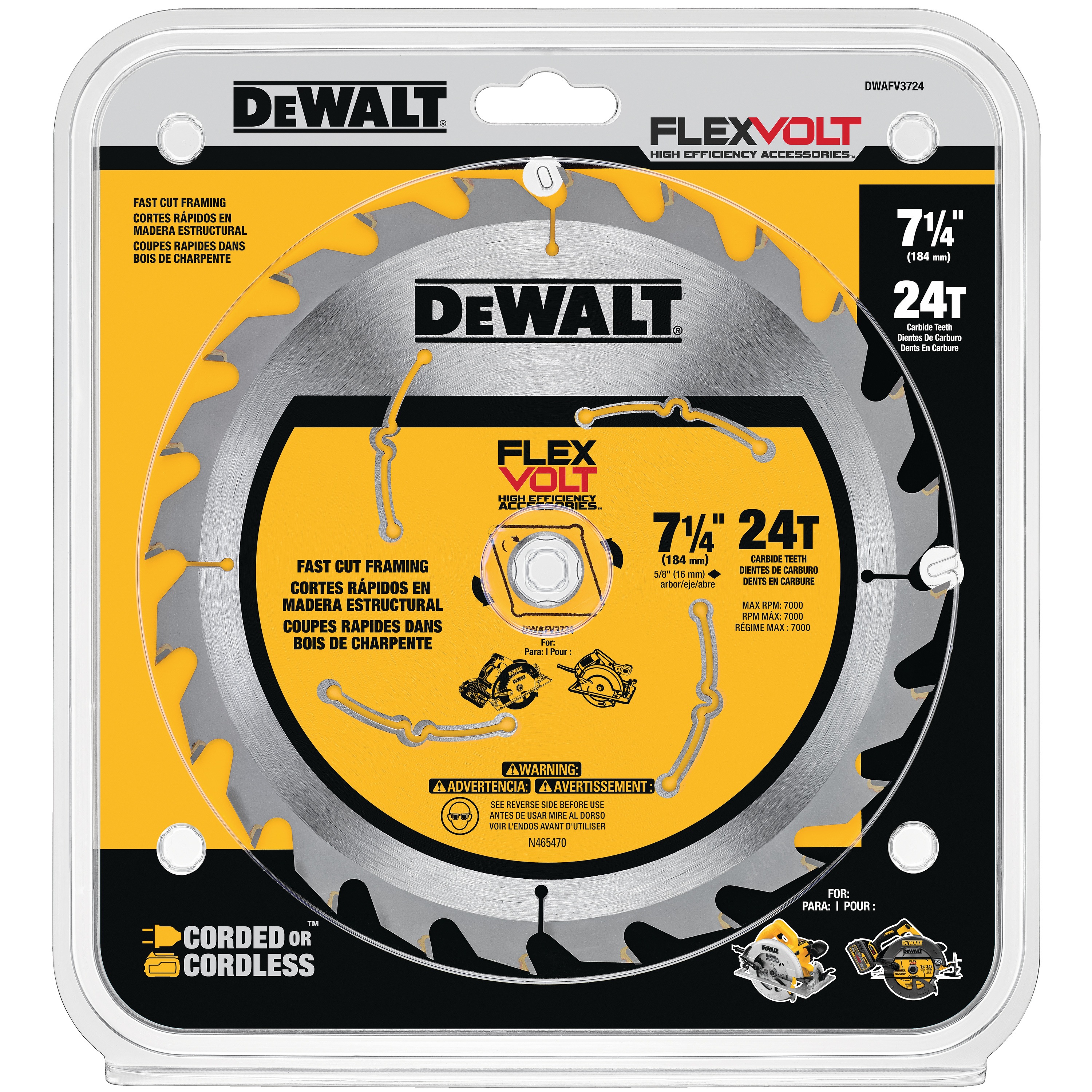 FLEXVOLT 7-quarter inch circular saw blade packed in a plastic cover.