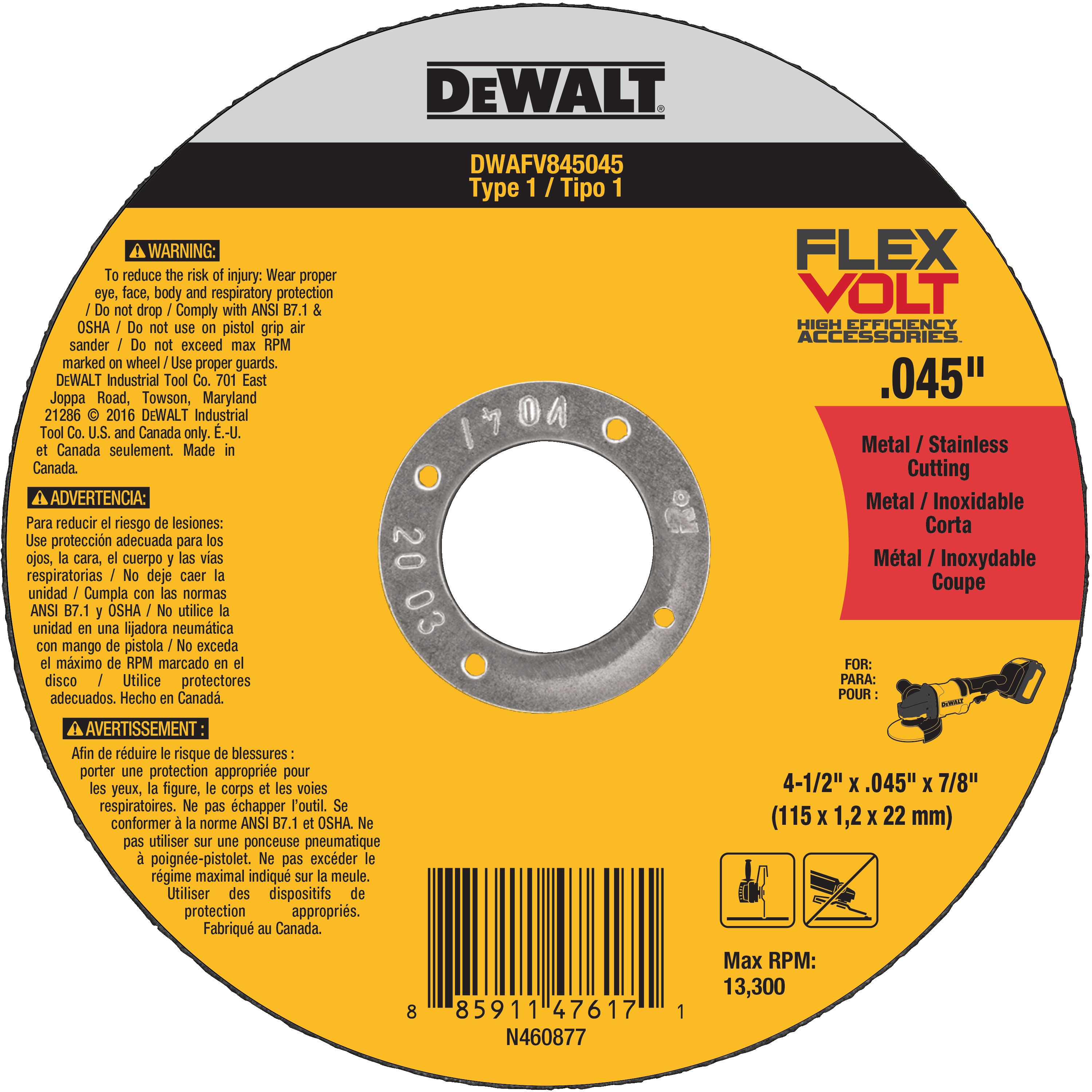DEWALT - 412 x 045 x 78 T1 Flexvolt Cutting Wheel - DWAFV845045