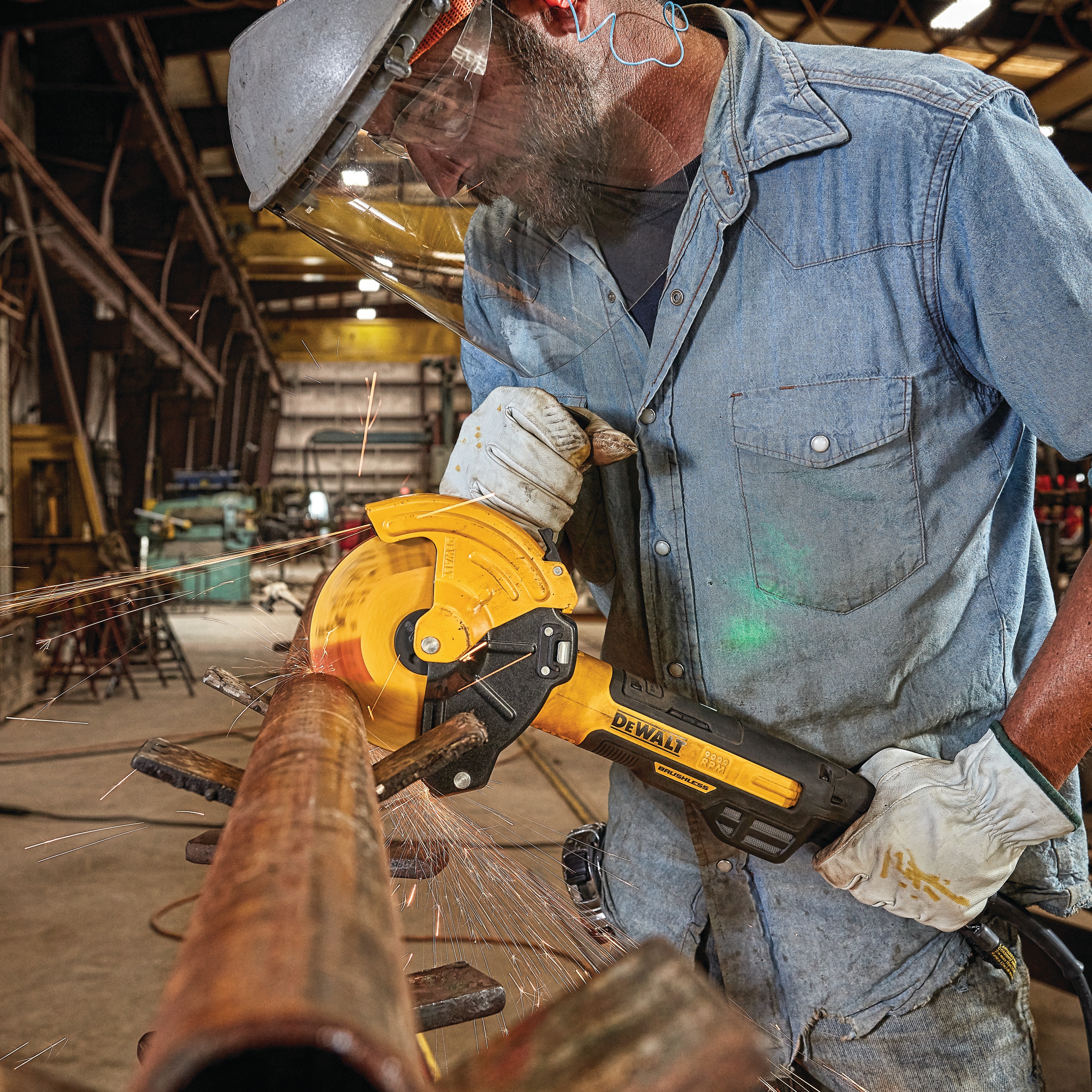 5 inch and 6 inch brushless small angle grinder with a rat tail, adjustable cut-off guard, kickback brake and nolock being used to grind on a metal pipe by a worker.