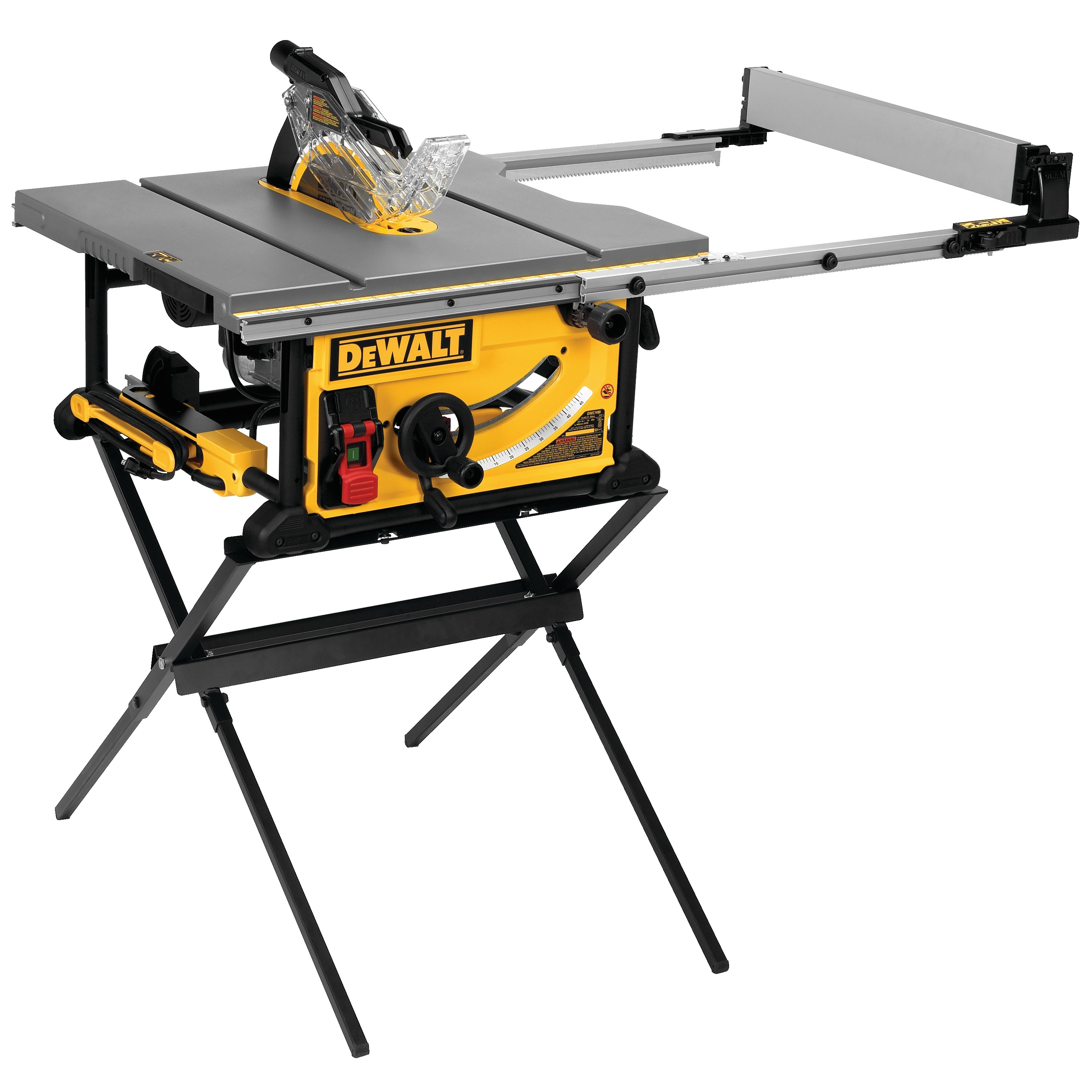 Overhead view of 10 inch Jobsite table saw 32 and half inch rip capacity and a rolling stand.