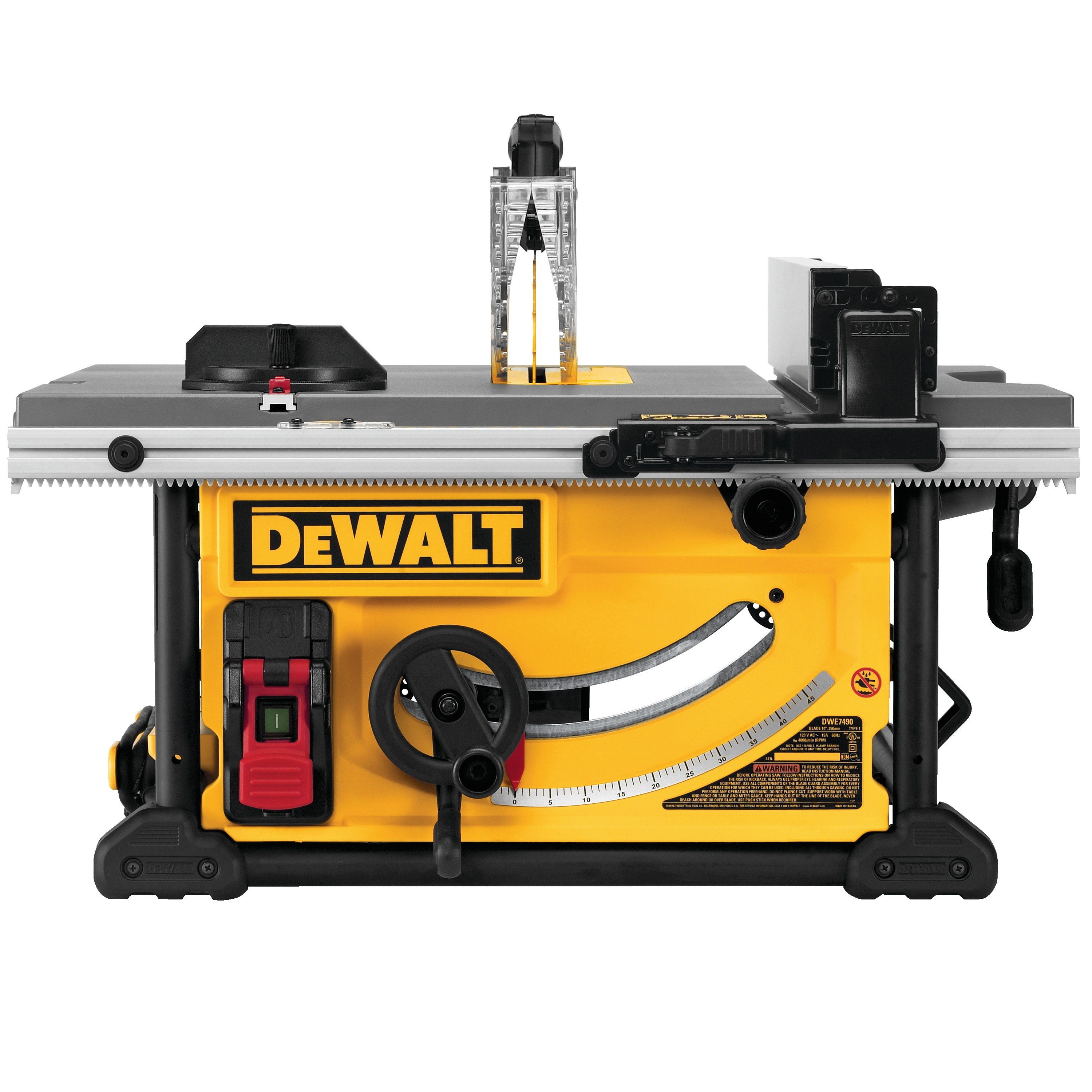 Profile of 10 inch Jobsite table saw  32 and half inch rip capacity and a rolling stand 