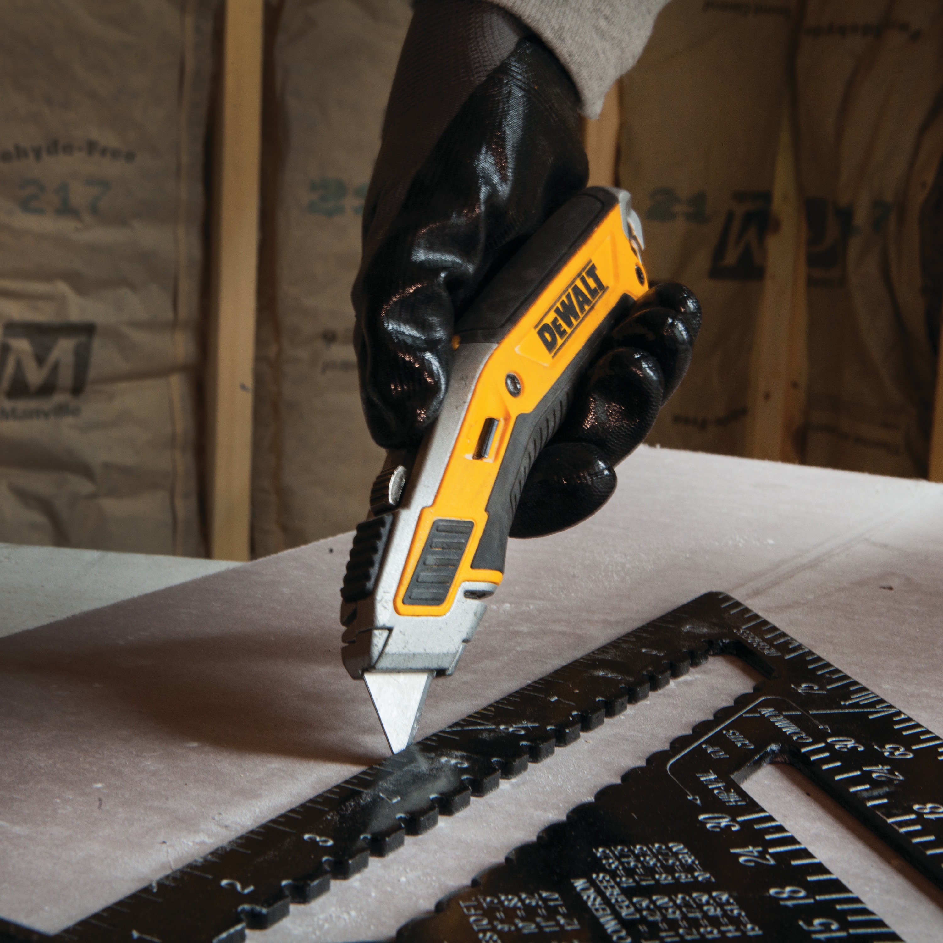 Close up of Premium retractable utility knife cutting hard surface.