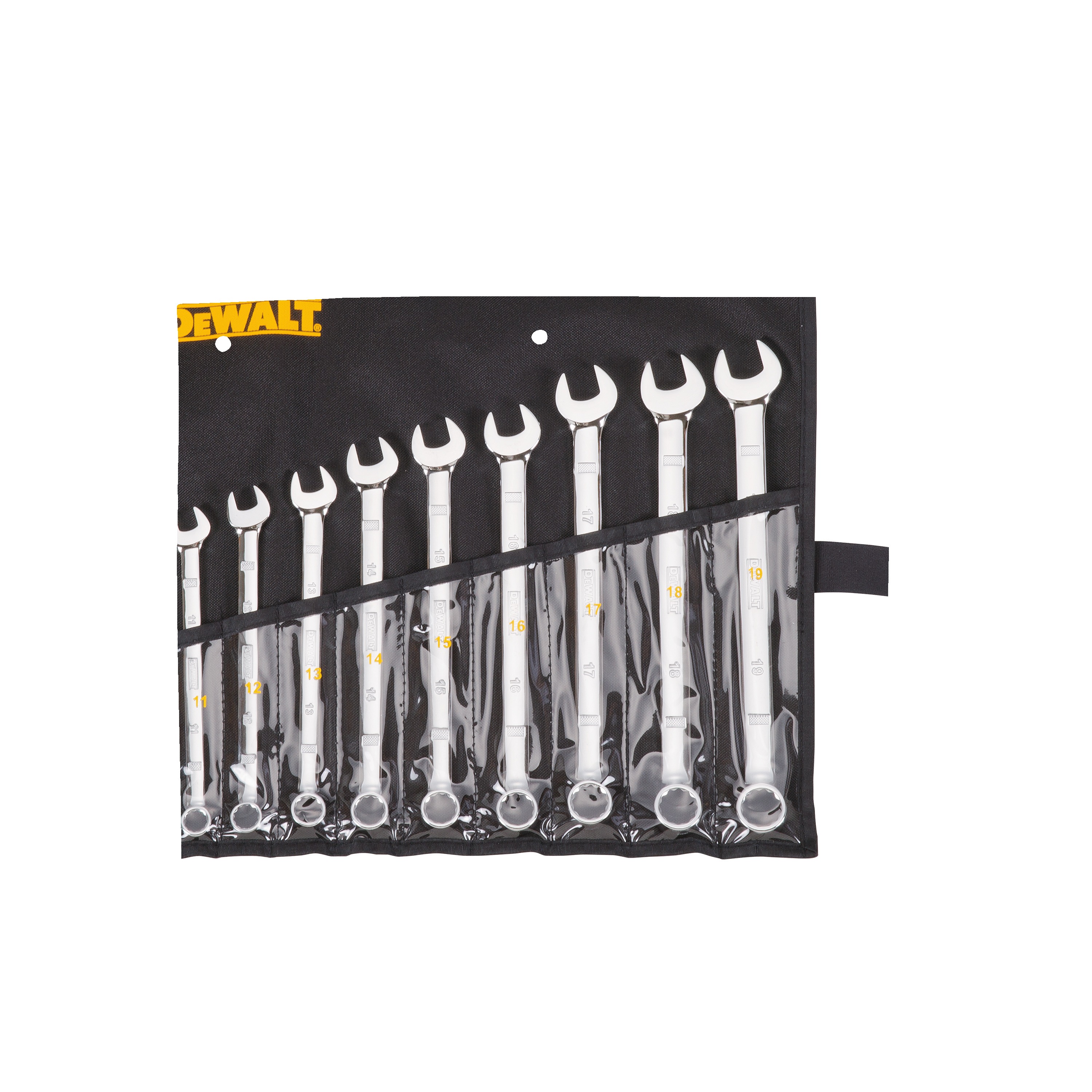DEWALT 10 piece combination metric wrench set assembled in its kit.