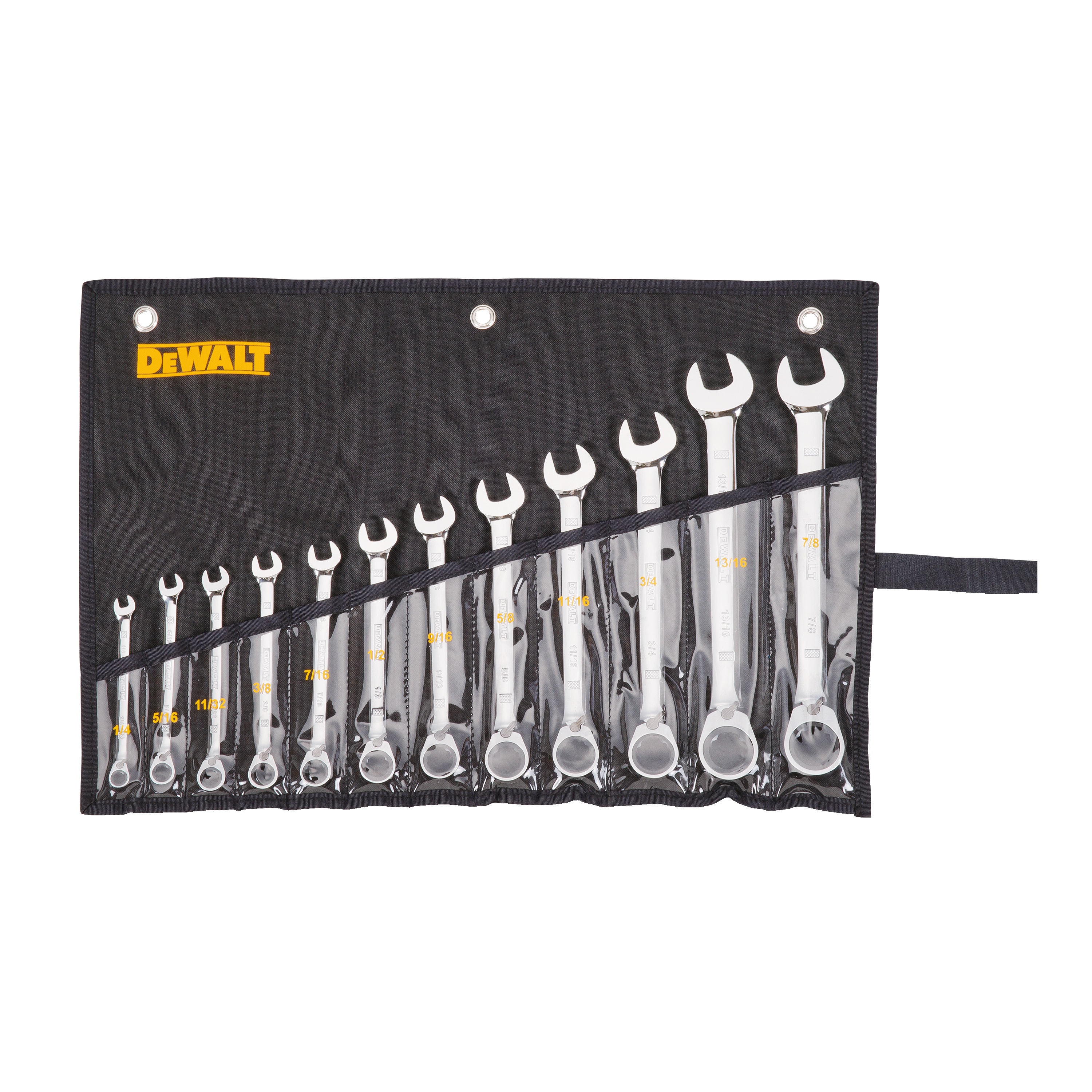 DEWALT 12 piece reversible ratcheting wrench set assembled in its kit.