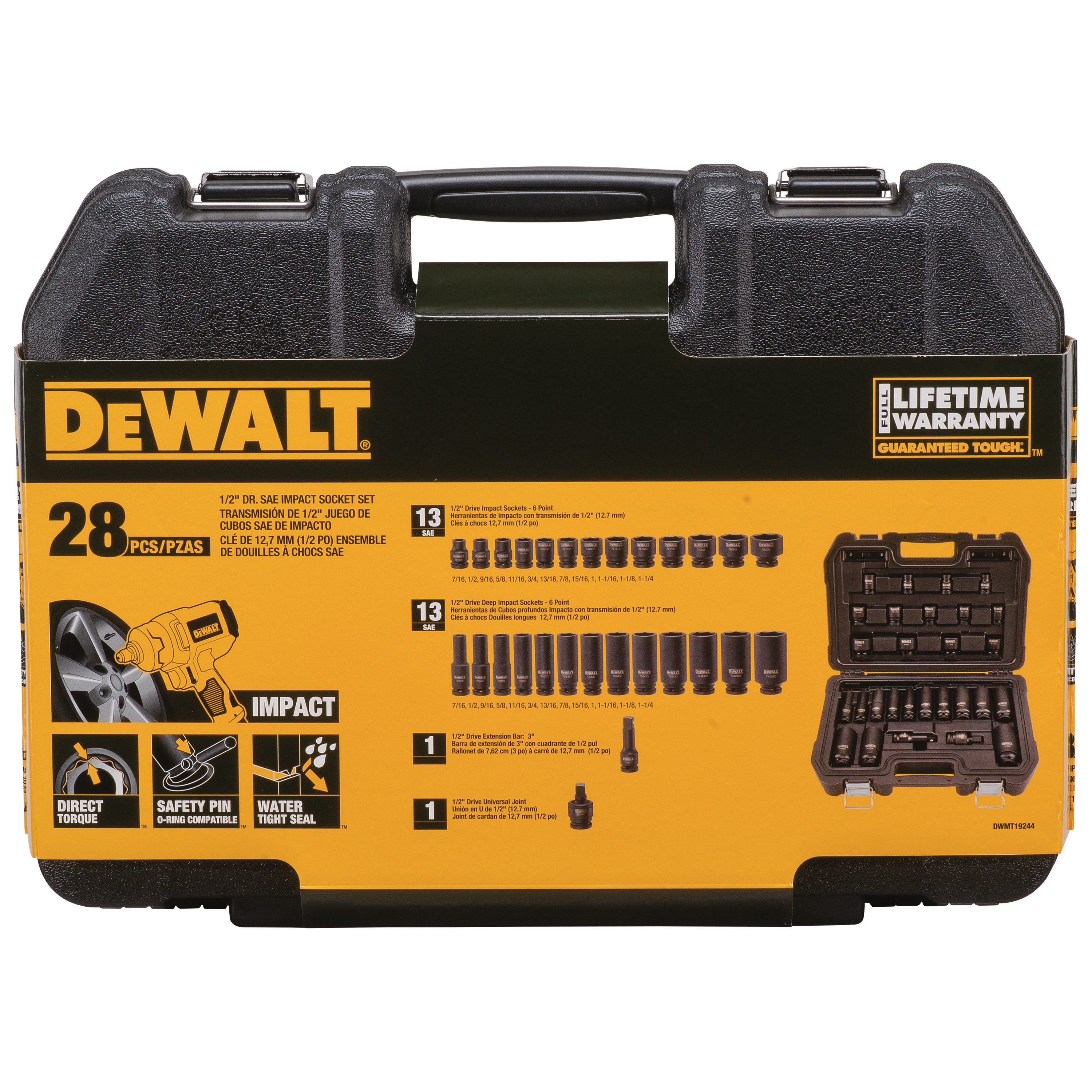 DEWALT 28 piece half inch drive standard and deep impact socket set packed in its case.