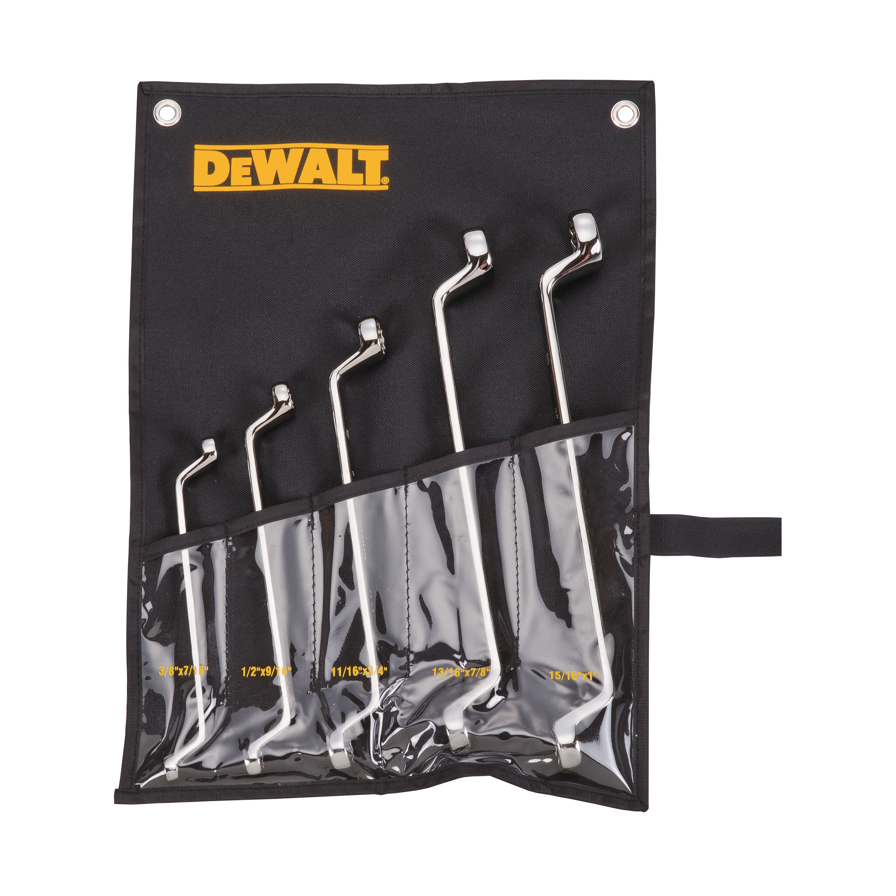 DEWALT 5 piece full polish offset double box wrench set assembled in its kit.