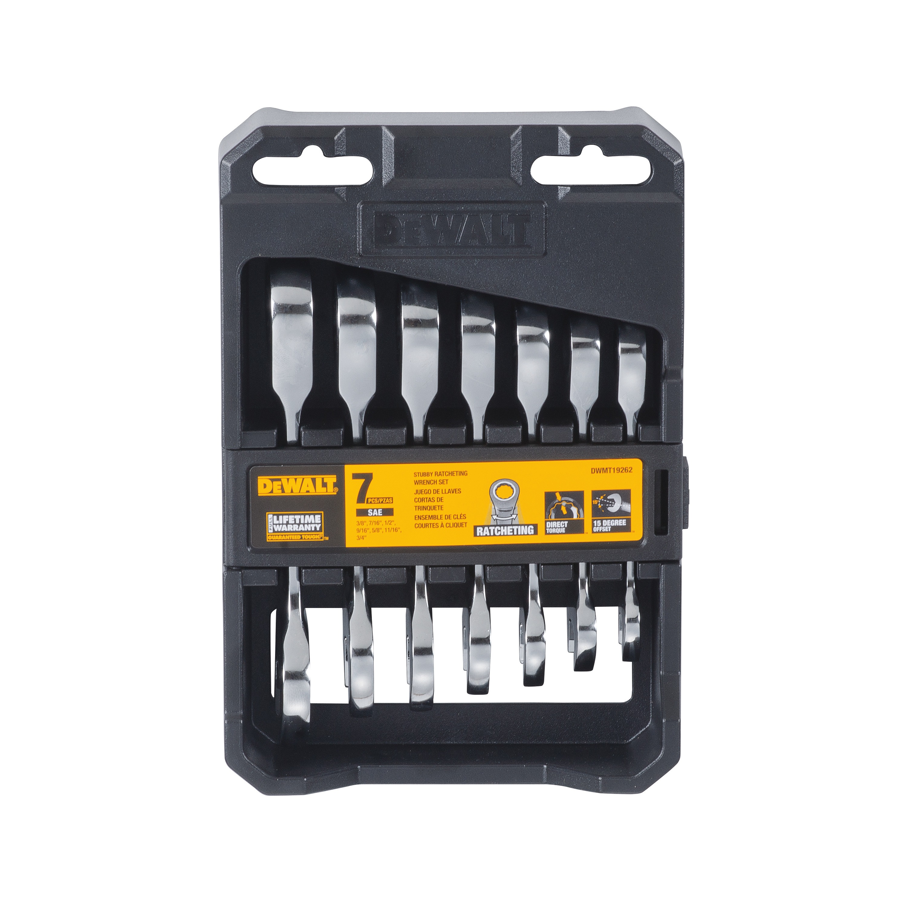 DEWALT 7 piece stubby ratcheting wrench set packed in its case.