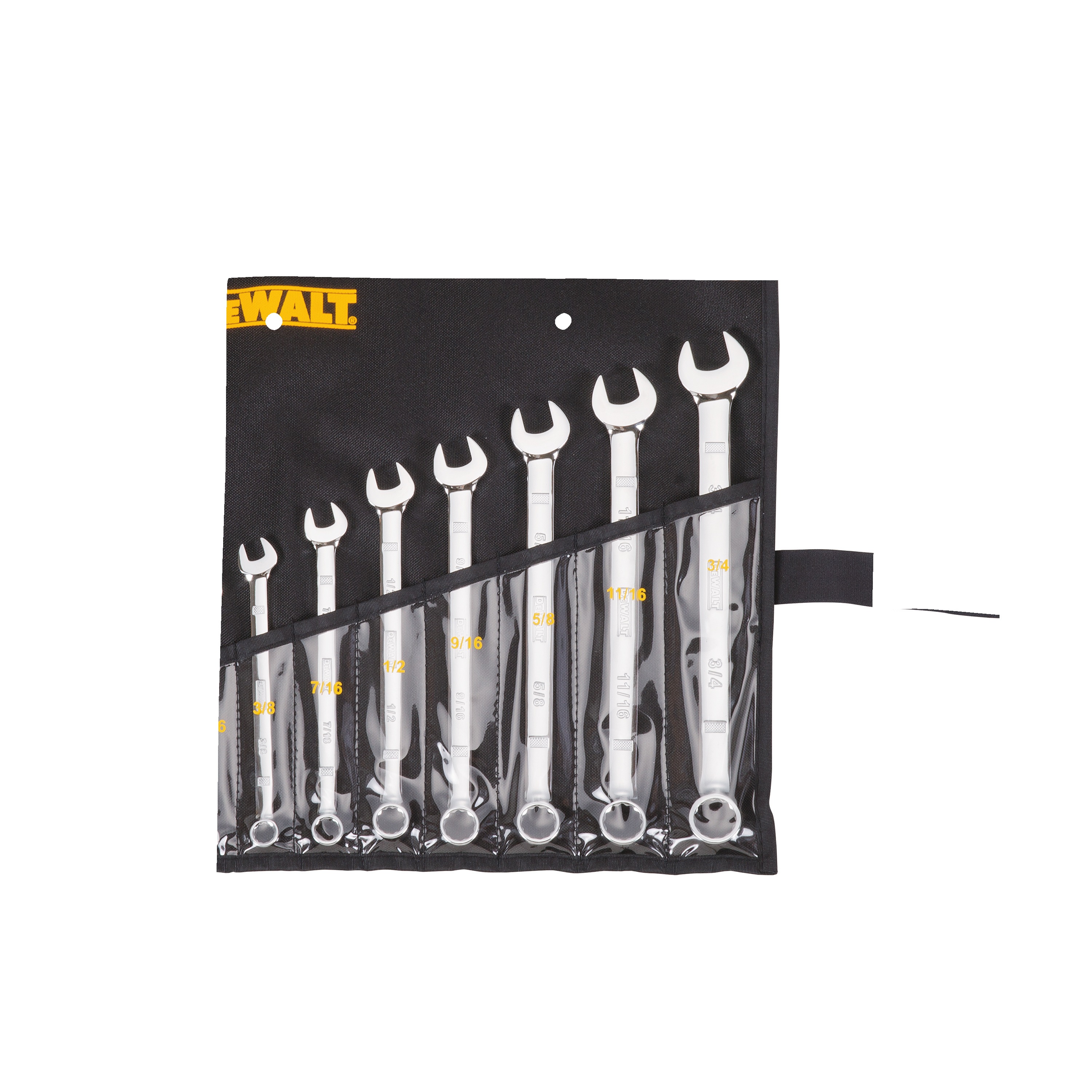 DEWALT 9 piece combination wrench set assembled in its kit.